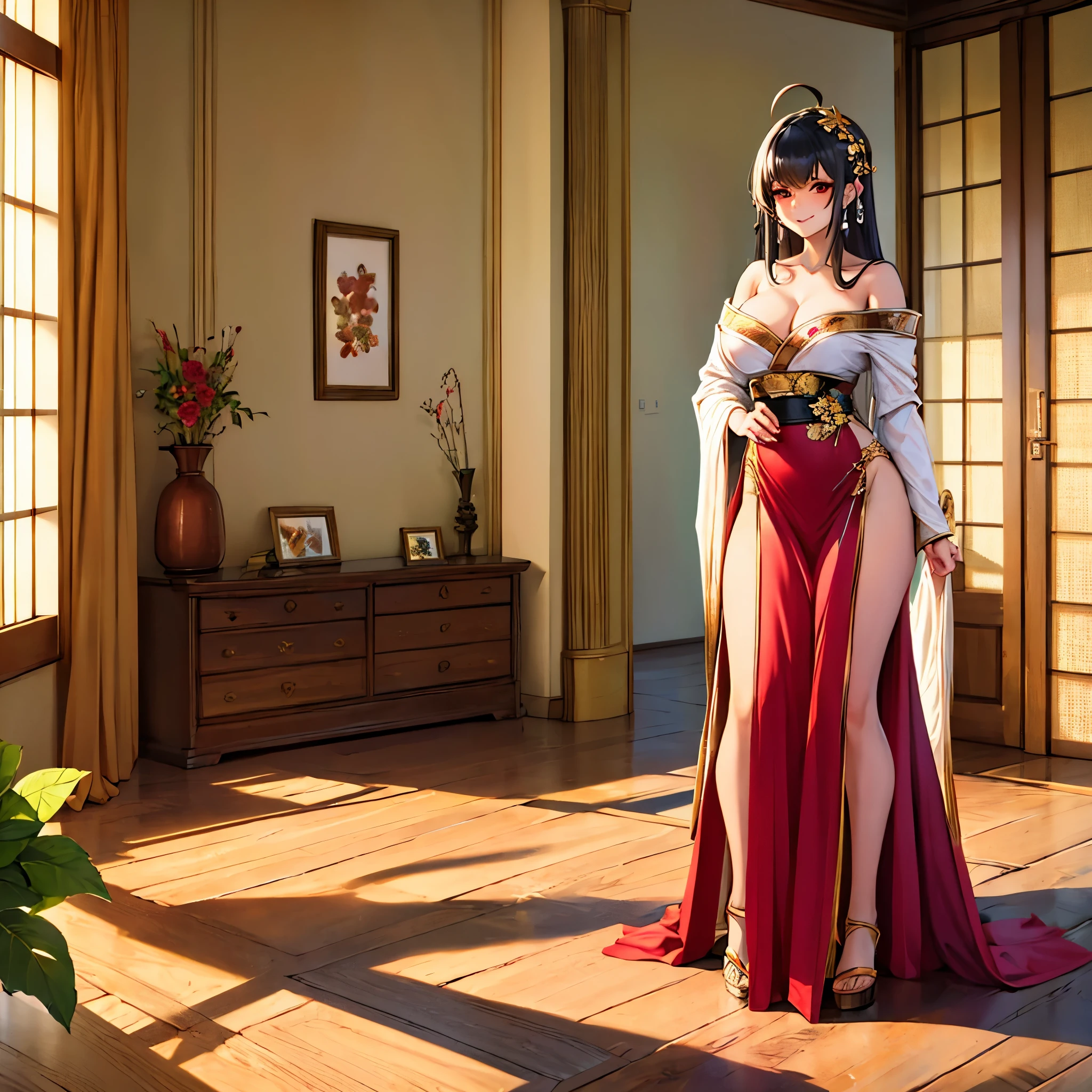 a woman wearing a red off-shoulder dress, long black hair, ahoge hair, a golden olive leaf in her hair, red eyes, red heels, big breasts, smiling, standing in a luxurious room, with large glass windows, and a wooden floor. Luxurious wood, frame with Japanese arts on the wall, HDR , ultra resolution, sharp, masterpiece, 8K HD (solo woman)
