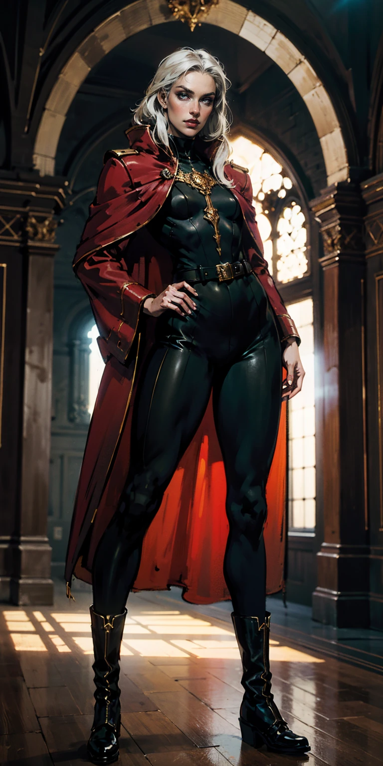 A woman with long platinum blonde hair, choppy bangs, arched crescent eyebrows, sharp and determined eyes, a delicate oval face, a serious expression, a fantasy-style dark green military coat, draped with a dark red cloak, military trousers, leather combat boots, silver greaves leggings, one hand on her hip, standing in a spacious training ground, this character embodies a finely crafted fantasy-style female military officer in anime style, exquisite and mature manga art style, pale skin, high definition, best quality, highres, ultra-detailed, ultra-fine painting, extremely delicate, professional, perfect body proportions, golden ratio, anatomically correct, symmetrical face, extremely detailed eyes and face, high quality eyes, creativity, RAW photo, UHD, 32k, Natural light, cinematic lighting, masterpiece-anatomy-perfect, masterpiece:1.5