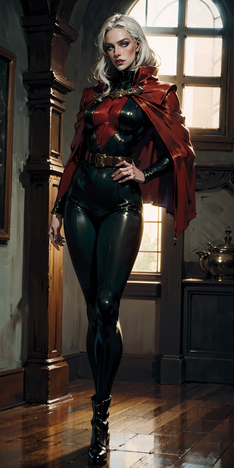 A woman with long platinum blonde hair, choppy bangs, arched crescent eyebrows, sharp and determined eyes, a delicate oval face, a serious expression, a fantasy-style dark green military coat, draped with a dark red cloak, military trousers, leather combat boots, silver greaves leggings, one hand on her hip, standing in a spacious training ground, this character embodies a finely crafted fantasy-style female military officer in anime style, exquisite and mature manga art style, pale skin, high definition, best quality, highres, ultra-detailed, ultra-fine painting, extremely delicate, professional, perfect body proportions, golden ratio, anatomically correct, symmetrical face, extremely detailed eyes and face, high quality eyes, creativity, RAW photo, UHD, 32k, Natural light, cinematic lighting, masterpiece-anatomy-perfect, masterpiece:1.5