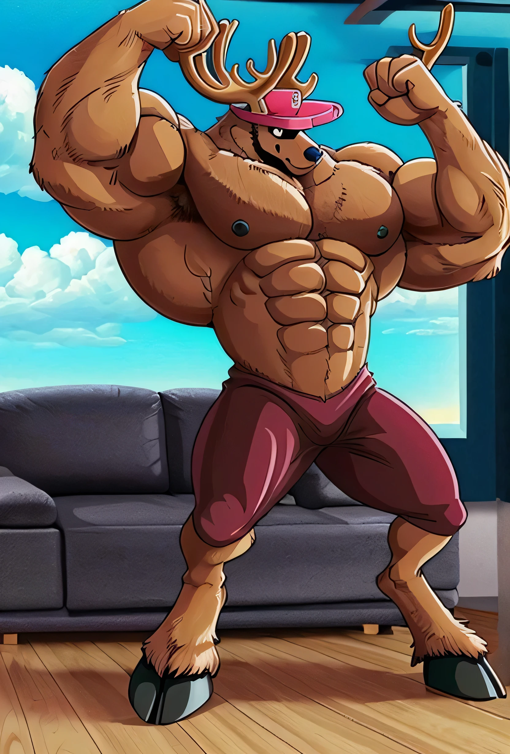 1boy, ChopperCzar, ArmPoint, (brown fur, animal ears, antlers, hooves, black eyes, Big Muscles, big biceps, big forearms, snout, fingers, fist), (hat, pink headwear, half body) (masterpiece:1.2)(nude, nfsw) hands up, oversized muscle, veiny muscle, hyper muscle, zoomed in