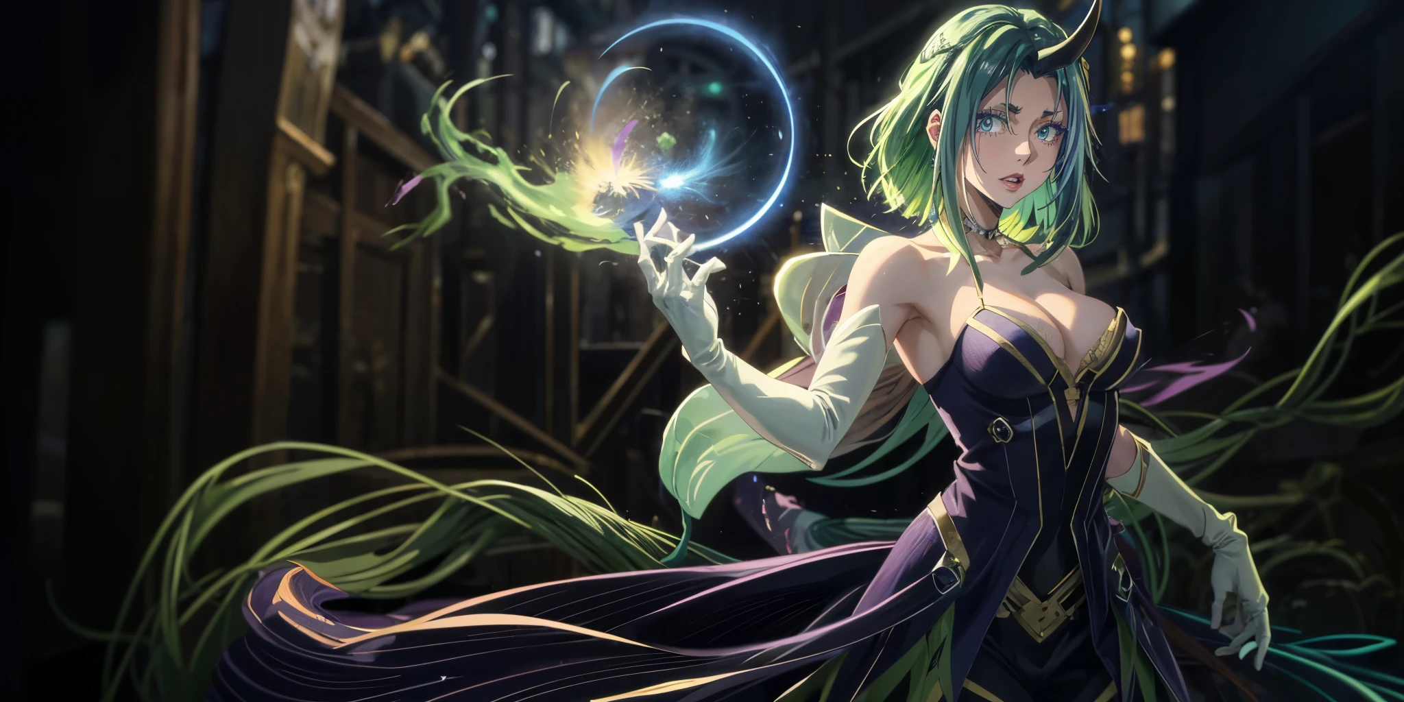 Shion, (medium_hair, green_hair:1.6) green eyes, sweating, glowing eyes, heavy breathing, steaming face, breasts, 1girl, breasts,  solo,  vastaya, cleavage, large_breasts, bare_shoulders, elbow_gloves, staff, choker, glow effects, godrays, Hand drawn, render, 8k, octane render, cinema 4d, blender, dark, atmospheric 4k ultra detailed, cinematic, Sharp focus, big depth of field, Masterpiece, colors, 3d octane render, 4k, concept art, trending on artstation, hyperrealistic, Vivid colors, extremely detailed CG unity 8k wallpaper, trending on CGSociety, Intricate, High Detail, dramatic,