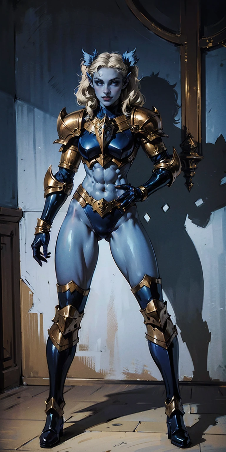 full body, (BLUE breastplate, BLUE skin BLUE skin:1.2), looking at viewer, shiny, armor, thigh highs, high boots, shoulder armor, faulds, poleyn, gloves, gauntlets, Rerebrace armored boots, pauldrons (masterpiece, best quality, ultra-detailed, best shadow) yordle (1girl) pointy ears muscular lean platinum blonde long twin-tails hairstyle at the office lustful smirking smile face red blushed, blush, strong abs, female body builder, tiara, twin drills hair
