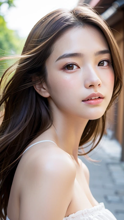 With the alleys of Kyoto in the background、18-year-old girl、independent、Look forward、Light eye makeup、Brown Hair Color、flat 、Hair blowing in the wind、Quality of actress、Shiny, Ultra-realistic faces、smileの表情、Watery eyes、look up、Soothing lighting effects、 Ultra-Realistic Capture、Very detailed、High resolution 16k human skin closeup。Skin texture must be natural、Must be so detailed that pores are visible、skin is healthy、Must be of uniform tone、Use natural light and color、High quality photos taken by modeling agencies'Exclusive photographer、smile