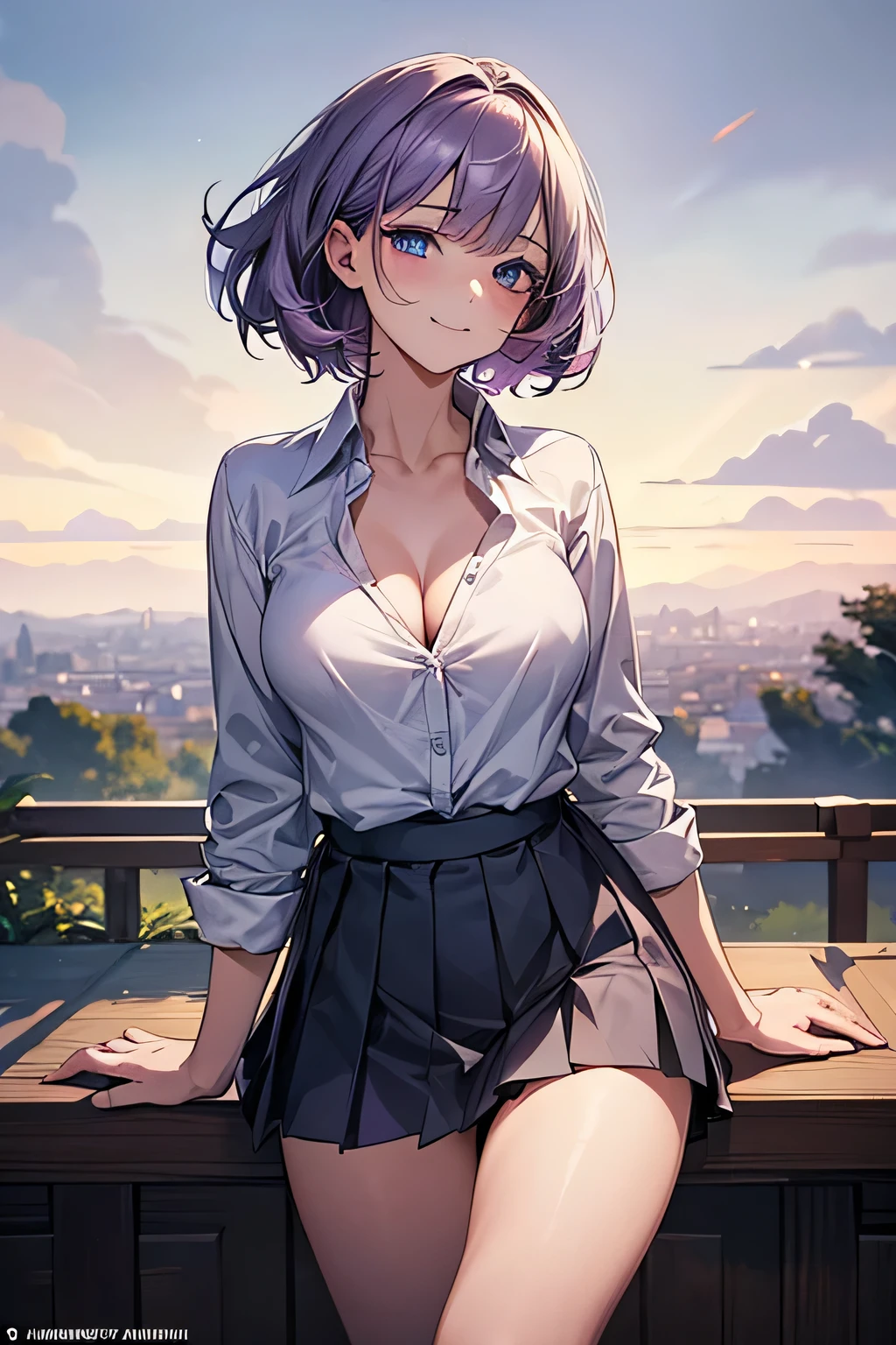 (masterpiece:1.2, highest quality), beautiful illustrations, (natural side lighting, movie lighting), NSFW, looking at the viewer, 1 girl, Japanese, perfect face, Cute symmetrical face, shiny skin, gray purple hair, blue eyes, Long Eye Lasher, (medium breasts), thin, narrow butt,beautiful hair, beautiful face, beautiful and fine eyes, beautiful clavicle, beautiful body, beautiful breasts, beautiful thighs, beautiful fingers, beautiful ass ((white collared shirts, box pleated mini skirt), (beautiful scenery), evening, (cute smile, open the mouse a little), All limbs, - Angle, front photo, half-body:0.6, detailed eyes, eyes extremely detailed, cleavage