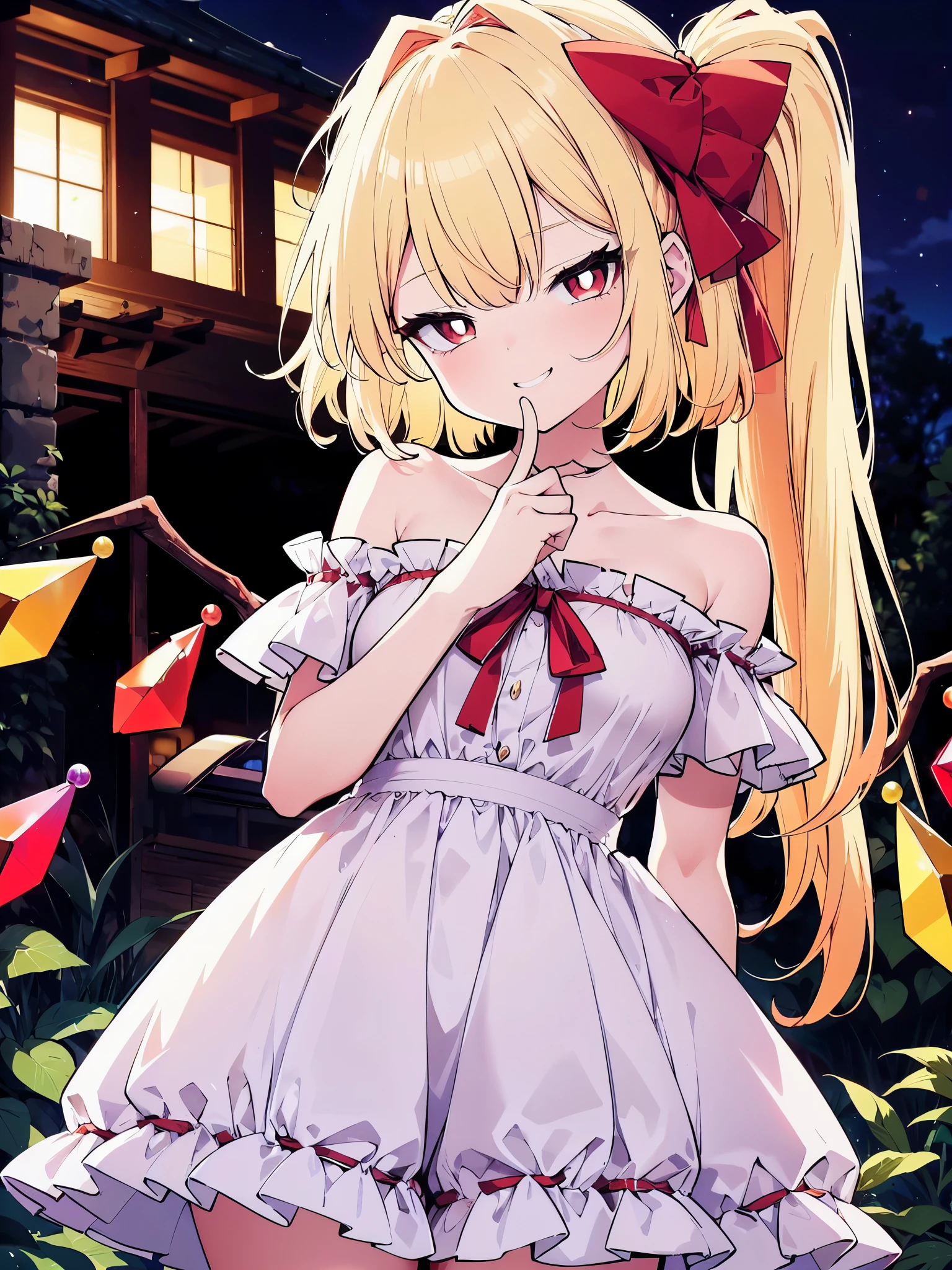 (cowboy shot), (colorful:1.1), vibrant color, (ultra-high resolution, depth of field:1.2), (Flandre scarlet:1.1), (1woman), (adult), in her 20s, Touhou project, (medium breasts:1.1), (red eyes), white pupils, glowing eyes, (blonde hair), (forehead), ponytail, (bangs), red ribbon, (intricate white sundress), (wearing white a sundress:1.2), frills, off shoulders, seductive smile, (grinning), squinting eyes, head slightly tilting to the side, garden scenery, night