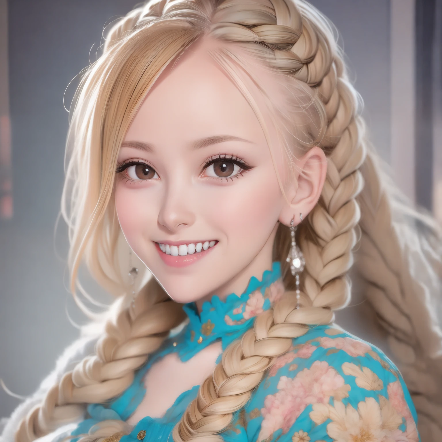 UHD,8K,Hyperrealism,light brown hair,happy tears,red eyes,crystal earrings,smile,cowboy shot,sony FE