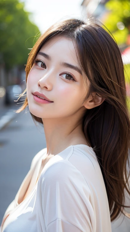 With the alleys of Kyoto in the background、18-year-old girl、independent、Look forward、Light eye makeup、Brown Hair Color、flat 、Hair blowing in the wind、Quality of actress、Shiny, Ultra-realistic faces、smileの表情、Watery eyes、look up、Soothing lighting effects、 Ultra-Realistic Capture、Very detailed、High resolution 16k human skin closeup。Skin texture must be natural、Must be so detailed that pores are visible、skin is healthy、Must be of uniform tone、Use natural light and color、High quality photos taken by modeling agencies'Exclusive photographer、smile