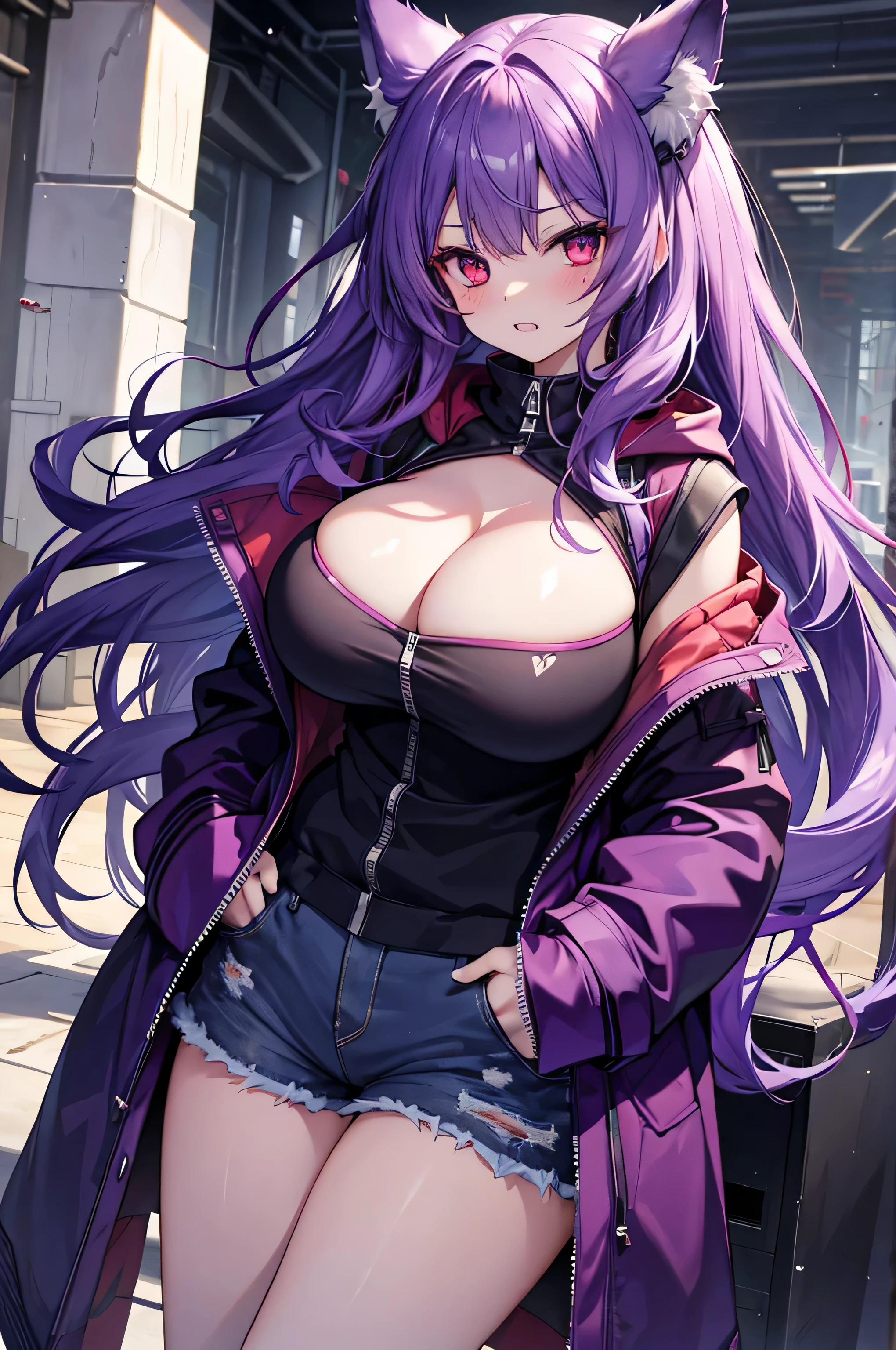 Wolf Woman, Big Breasts, Voluminous purple hair, masterpiece , Red eyes、Double teeth、tooth、Blushed cheeks、 hd, Head to Chest, buried in my chest、Underbust、Cleavage、hoodie、Shorts、Hands in pockets