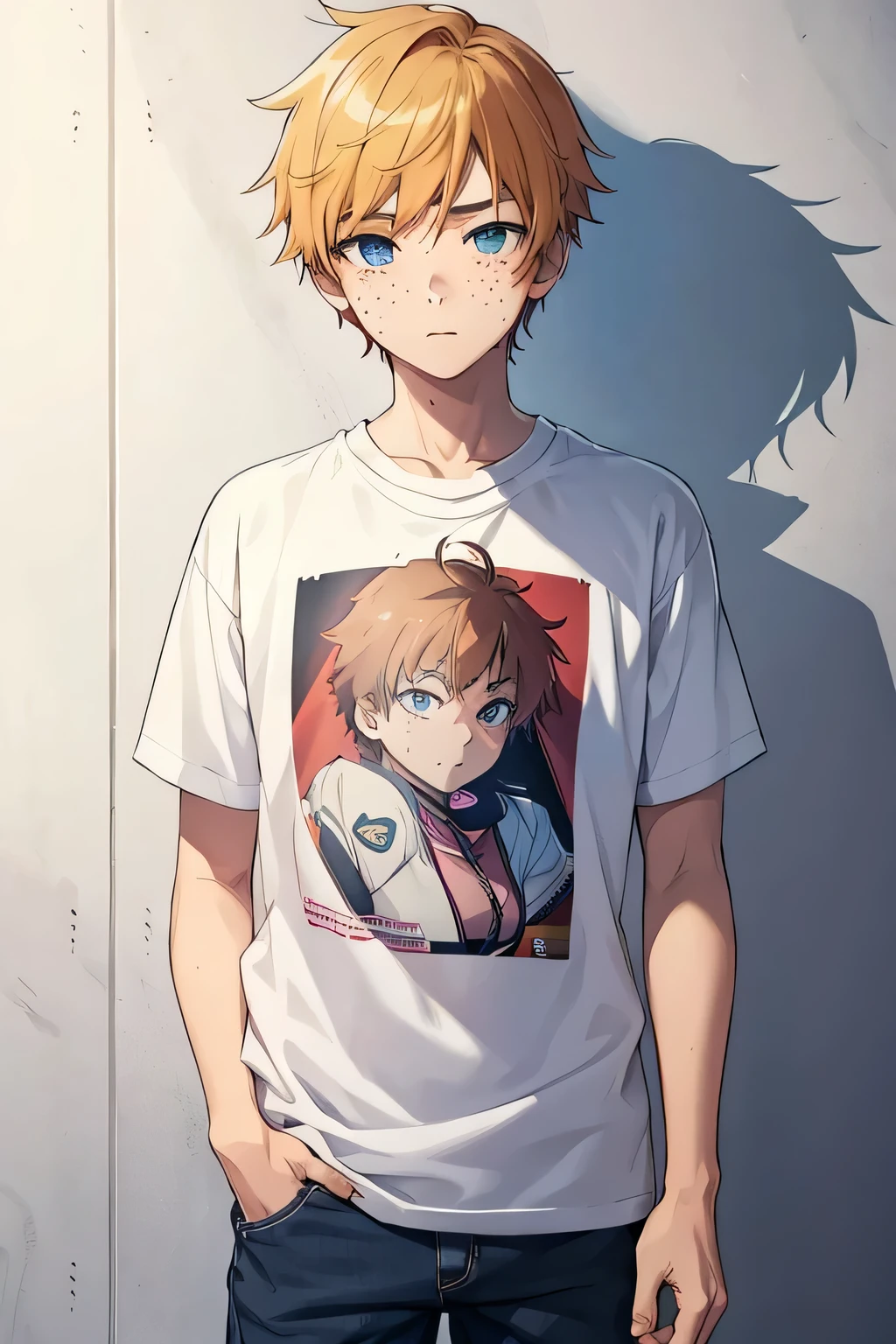 a (teenage boy) wearing an (anime girl shirt), (drawing manga), male focus, solo focus, [freckles], lots of freckles, [skinny], nervous, 