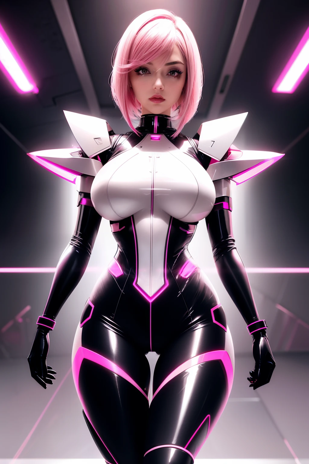  Female sex robot, Full metal pink skin, pink hair in a French bob haircut, Sleek and futuristic appearance, Minimalistic background with subtle hints of technology,Soft lighting that illuminates features, full body, pornstar, micro skirt, large breasts, hourglass body, big lips, heavy makeup, cameltoe, thigh gap, latex, see through,