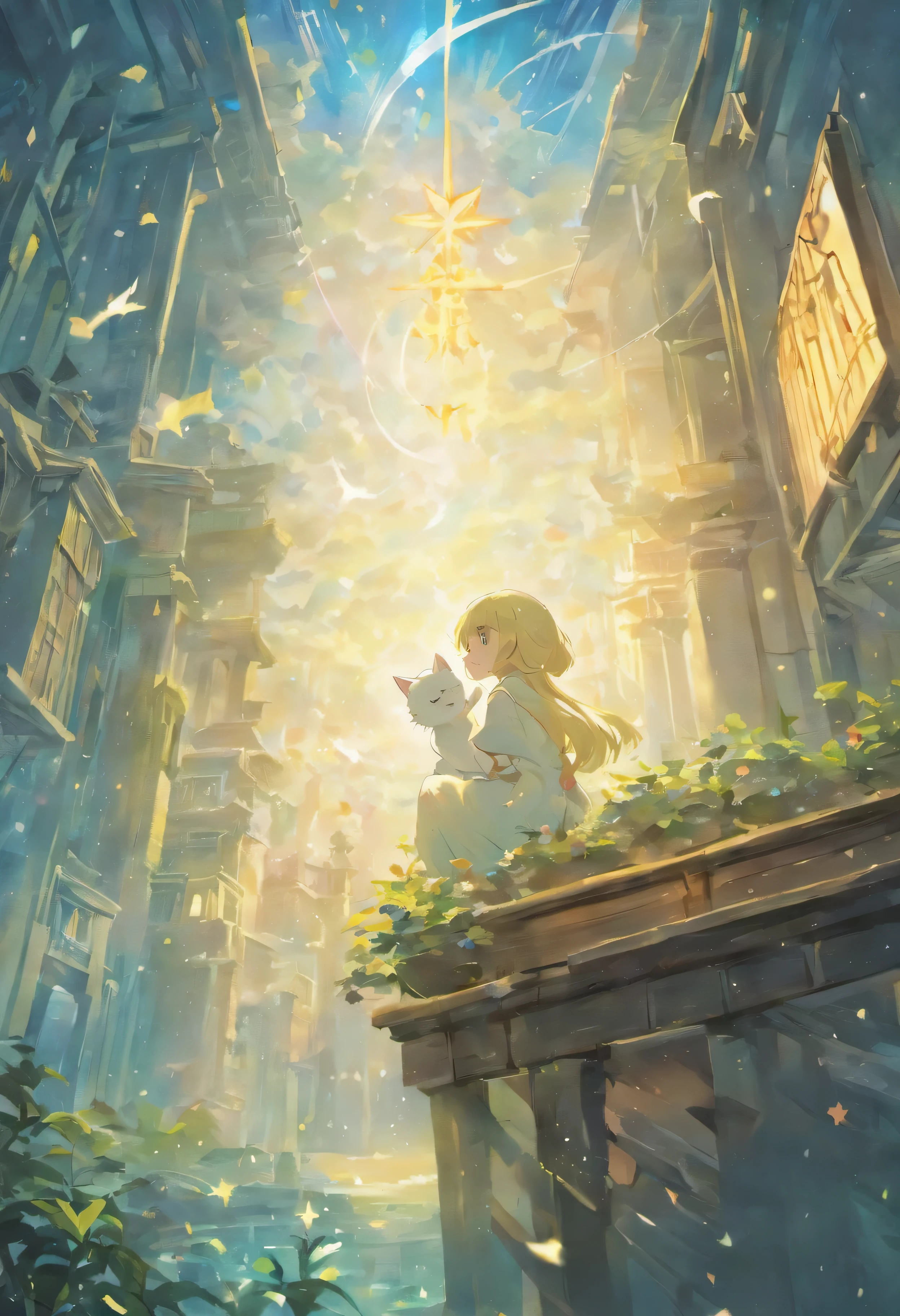 (panorama, center, masterpiece, highest quality: 1.2), (8K、Raw photo、highest quality、look up:1.2、masterpiece:1.2、genuineistic、ultra high resolution、high contrast、photon mapping、genuine、Super detailed、official art, Raw photo、professional lighting、 light、Vivid atmosphere、twicelight) , (1 girl), （One white kitten）, 　Between Heaven and Earth、star々is made、A girl and a kitten are watching a spectacular story。An atmosphere that exudes the excitement of adventure。An atmosphere that makes you feel happy and joyful。High Fantasy Worldview,　Beautiful depiction of grand composition and proportions, A guardian star cloud of iridescent light and silvery steam, Corrosive Encirclement Ray Family Color, slimy air feeling, The world shines with kindness and joy., A spectacular tale,