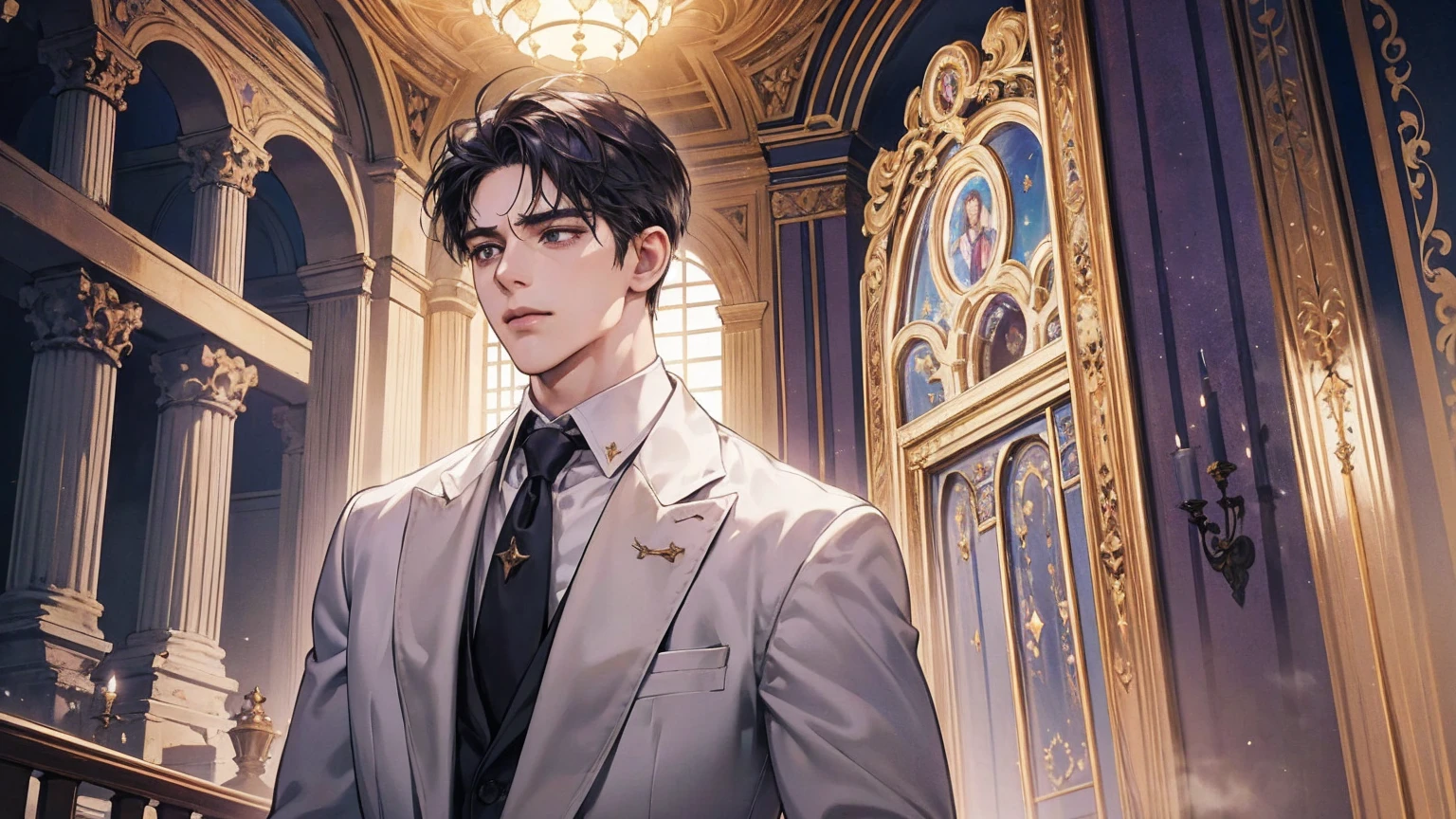 Intricate details, masterpiece, highest quality, Very detailed,Cinema Lighting, Beautiful sparkle, Beautifully detailed face and eyes, 8k, Dark intense shadows, Roman Emperor Constantine the Great resurrected in modern times。34 years old。one adult male。Long body。broad shoulder。thick neck。eyes like a lion。Bright and sharp eyes。Looking here。Sincere and kind。Kind and reliable。Deal with it sternly if necessary.。talented and hardworking businessman。successful gentleman。careerist。he is wearing a high quality white suit。dark purple tie。Light purple shirt。forceful。An overwhelming sense of control。romance novel hero。Bold composition。look up to。lyrical。Dramatic。heartful。Romantic。Travel situation。Exotic。opulent。elegan。elegance。Background of Constantine in Algeria reflected in the sunset。​masterpiece。top-quality。Super beautiful。The ultra -The high-definition。detaileds。exquisite。
