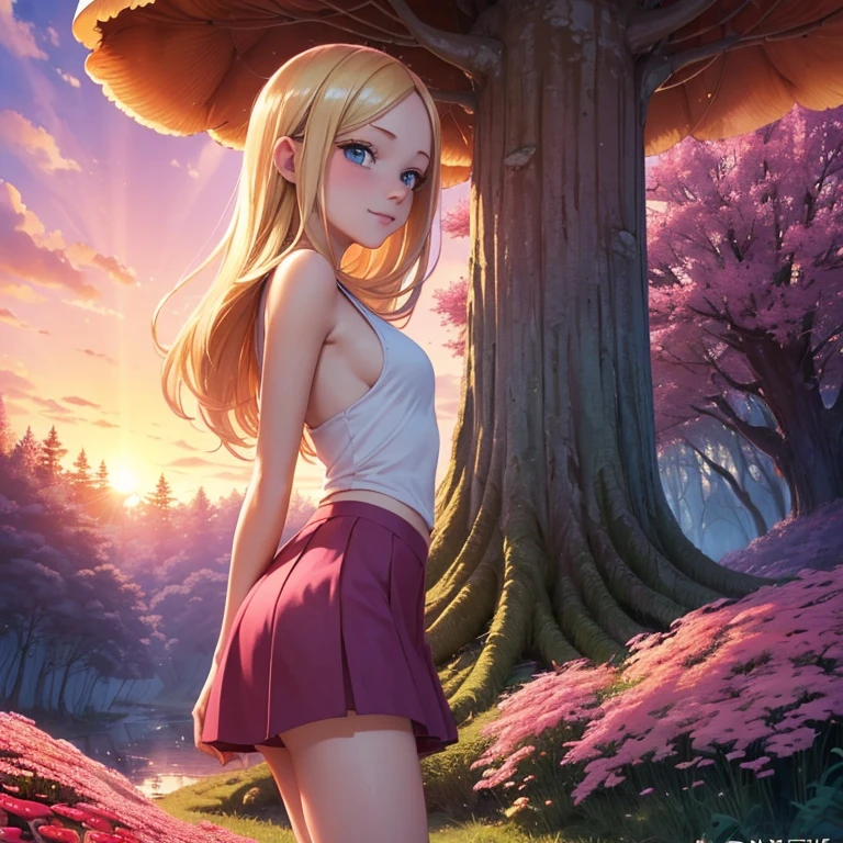 (masterpiece, best quality:1.4), (8K), Young blonde beauty, slender (((18 years old, neat girl))), detailed blue eyes, long eyelashes, blush, kind smile, vrop top, sideboob, small ass, very thin legs, pink skirt (from side) (looking at viewer), beautiful blonde hair, white-skinned, long hair, parted bangs, (small breasts), (mushroom forest, celestial forest, beautiful and magnificent pink sunshine, majestic sky), colorful natural light)