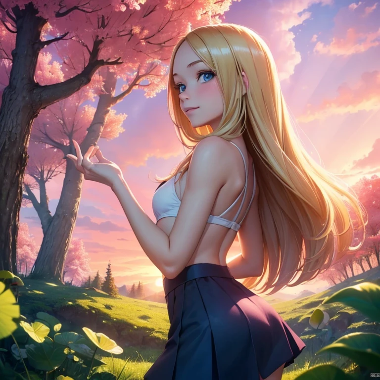 
(masterpiece, best quality:1.4), (8K), Young blonde beauty, slender (((18 years old, neat girl))), detailed blue eyes, long eyelashes, blush, kind smile, vrop top, sideboob, small ass, very thin legs, pink skirt (from side) (looking at viewer), beautiful blonde hair, white-skinned, long hair, parted bangs, (small breasts), (mushroom forest, celestial forest, beautiful and magnificent pink sunshine, majestic sky), colorful natural light)