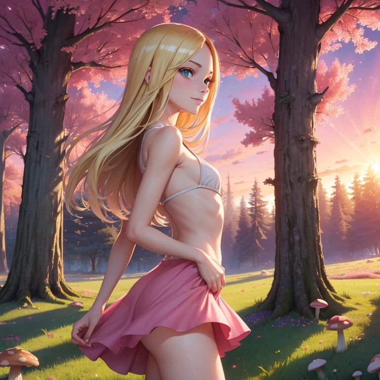 (masterpiece, best quality:1.4), (8K), Young blonde beauty, slender (((18 years old, neat girl))), detailed blue eyes, long eyelashes, blush, kind smile, vrop top, sideboob, small ass, very thin legs, pink skirt (from side) (looking at viewer), beautiful blonde hair, white-skinned, long hair, parted bangs, (small breasts), (mushroom forest, celestial forest, beautiful and magnificent pink sunshine, majestic sky), colorful natural light)