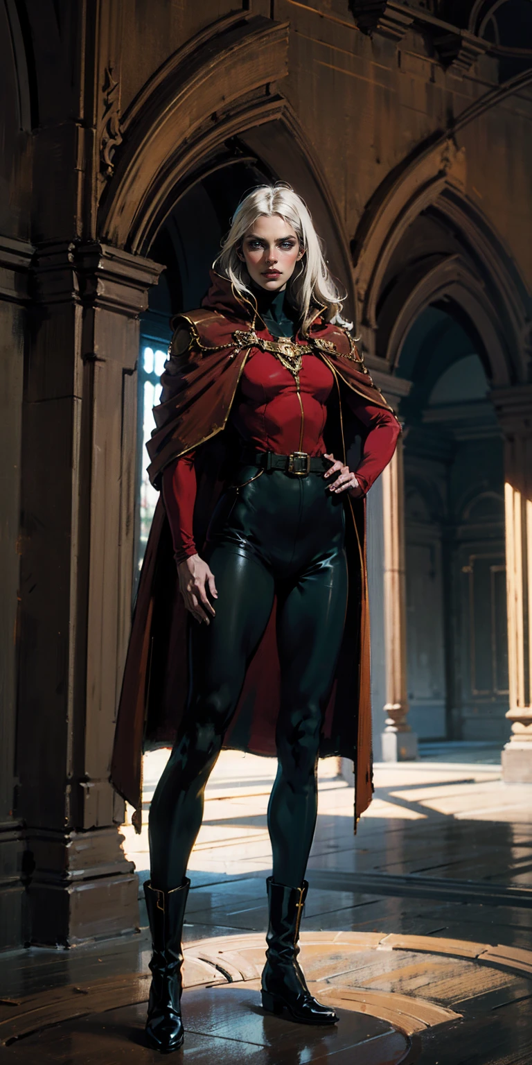 A woman with long platinum blonde hair, choppy bangs, arched crescent eyebrows, sharp and determined eyes, a delicate oval face, a serious expression, a fantasy-style dark green military coat, draped with a dark red cloak, military trousers, leather combat boots, silver greaves leggings, one hand on her hip, standing in a spacious training ground, this character embodies a finely crafted fantasy-style female military officer in anime style, exquisite and mature manga art style, pale skin, high definition, best quality, highres, ultra-detailed, ultra-fine painting, extremely delicate, professional, perfect body proportions, golden ratio, anatomically correct, symmetrical face, extremely detailed eyes and face, high quality eyes, creativity, RAW photo, UHD, 32k, Natural light, cinematic lighting, masterpiece-anatomy-perfect, masterpiece:1.5, horned girl, devil horns, elf ears, cleavage, thigh, short skirt, sexy, wide demonic wings, wide demonic wings, wide demonic wings, wide demonic wings