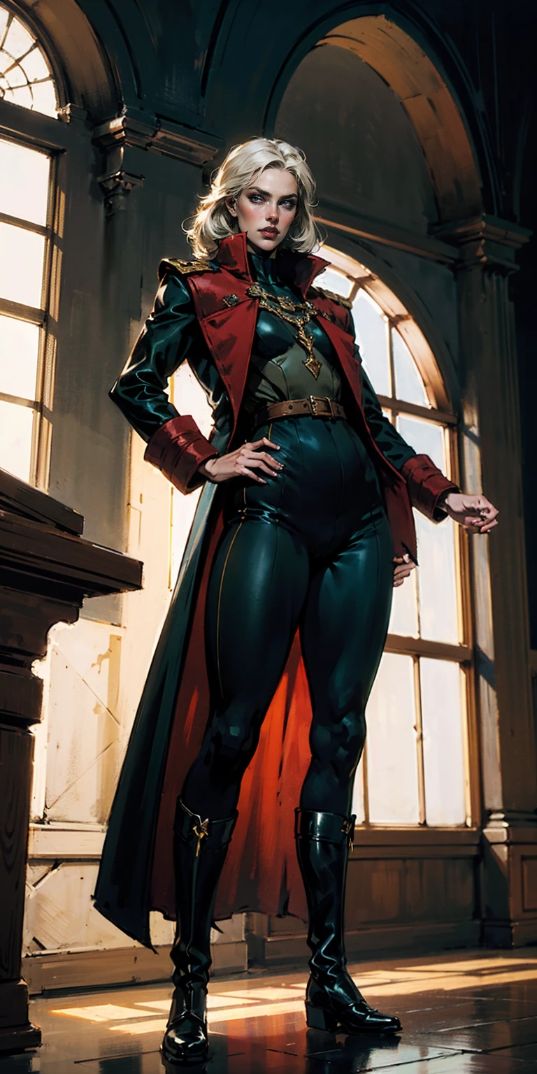 A woman with long platinum blonde hair, choppy bangs, arched crescent eyebrows, sharp and determined eyes, a delicate oval face, a serious expression, a fantasy-style dark green military coat, draped with a dark red cloak, military trousers, leather combat boots, silver greaves leggings, one hand on her hip, standing in a spacious training ground, this character embodies a finely crafted fantasy-style female military officer in anime style, exquisite and mature manga art style, pale skin, high definition, best quality, highres, ultra-detailed, ultra-fine painting, extremely delicate, professional, perfect body proportions, golden ratio, anatomically correct, symmetrical face, extremely detailed eyes and face, high quality eyes, creativity, RAW photo, UHD, 32k, Natural light, cinematic lighting, masterpiece-anatomy-perfect, masterpiece:1.5