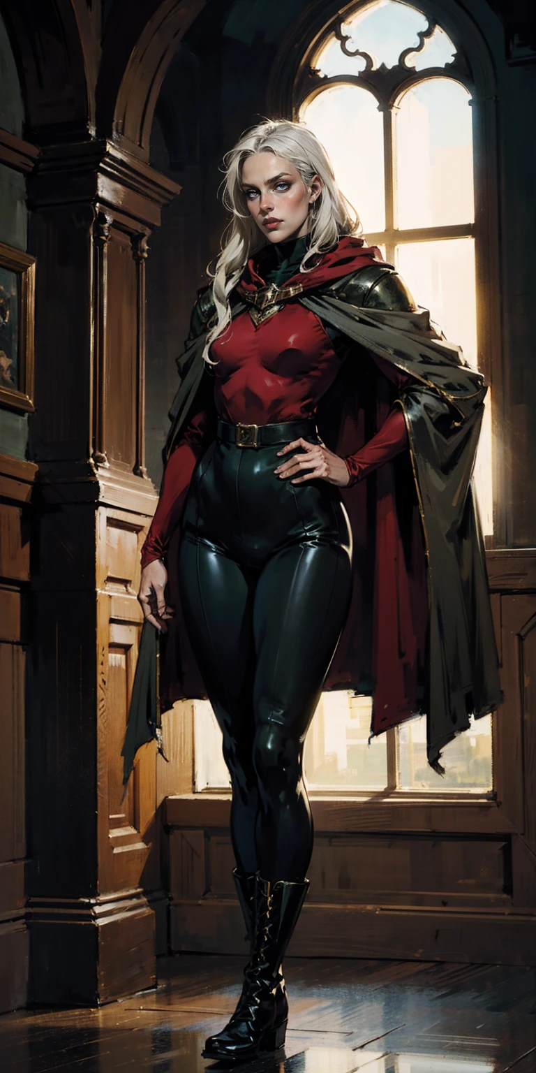A woman with long platinum blonde hair, choppy bangs, arched crescent eyebrows, sharp and determined eyes, a delicate oval face, a serious expression, a fantasy-style dark green military coat, draped with a dark red cloak, military trousers, leather combat boots, silver greaves leggings, one hand on her hip, standing in a spacious training ground, this character embodies a finely crafted fantasy-style female military officer in anime style, exquisite and mature manga art style, pale skin, high definition, best quality, highres, ultra-detailed, ultra-fine painting, extremely delicate, professional, perfect body proportions, golden ratio, anatomically correct, symmetrical face, extremely detailed eyes and face, high quality eyes, creativity, RAW photo, UHD, 32k, Natural light, cinematic lighting, masterpiece-anatomy-perfect, masterpiece:1.5