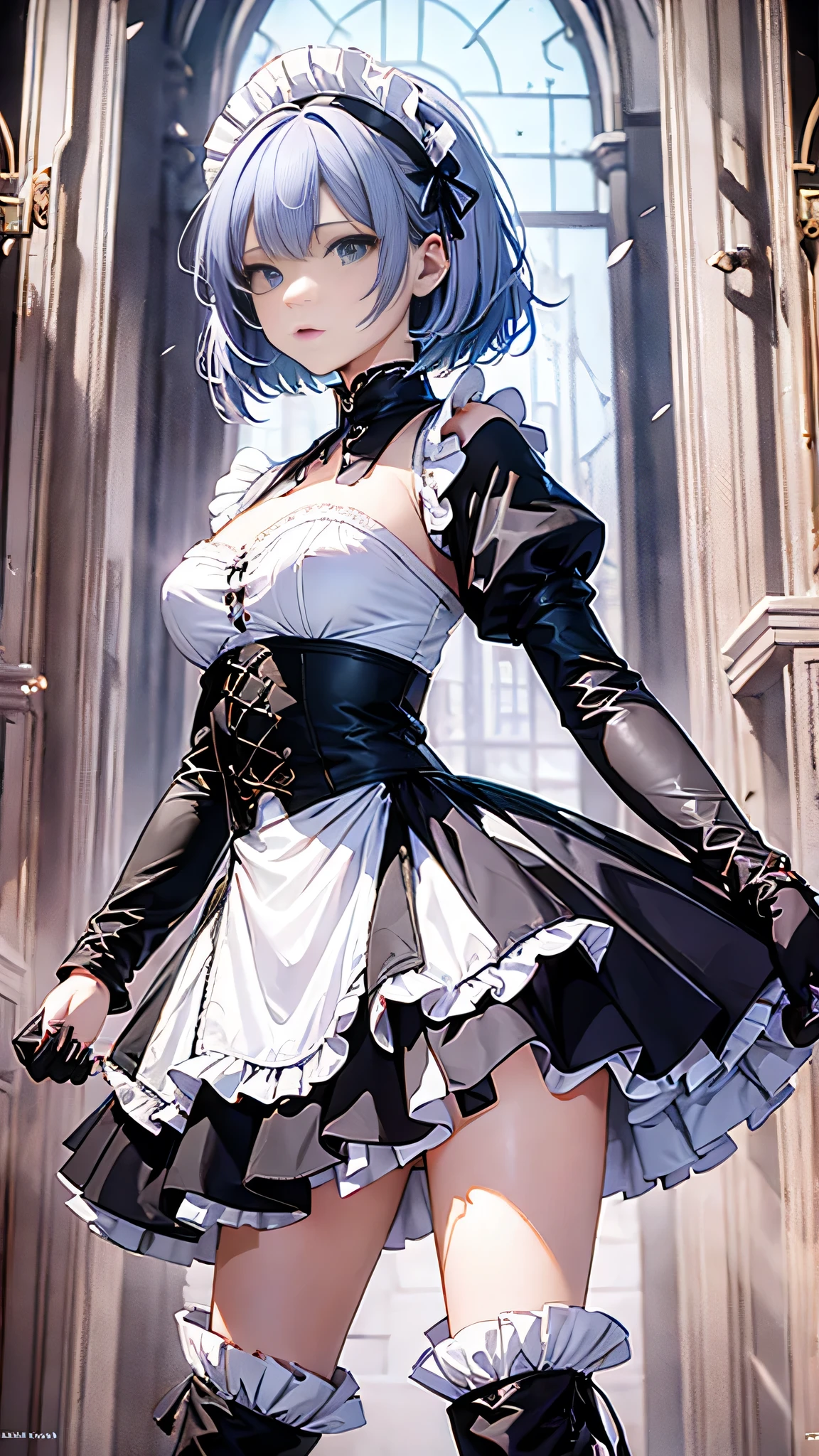 masterpiece, highest quality, figure, Fighting Pose, One girl, Noel Genshin Impact, Silver short hair, Green Eyes, Maid skirt with red side parts, Maid Knight, Maid Knight armor, City Bridge, water,