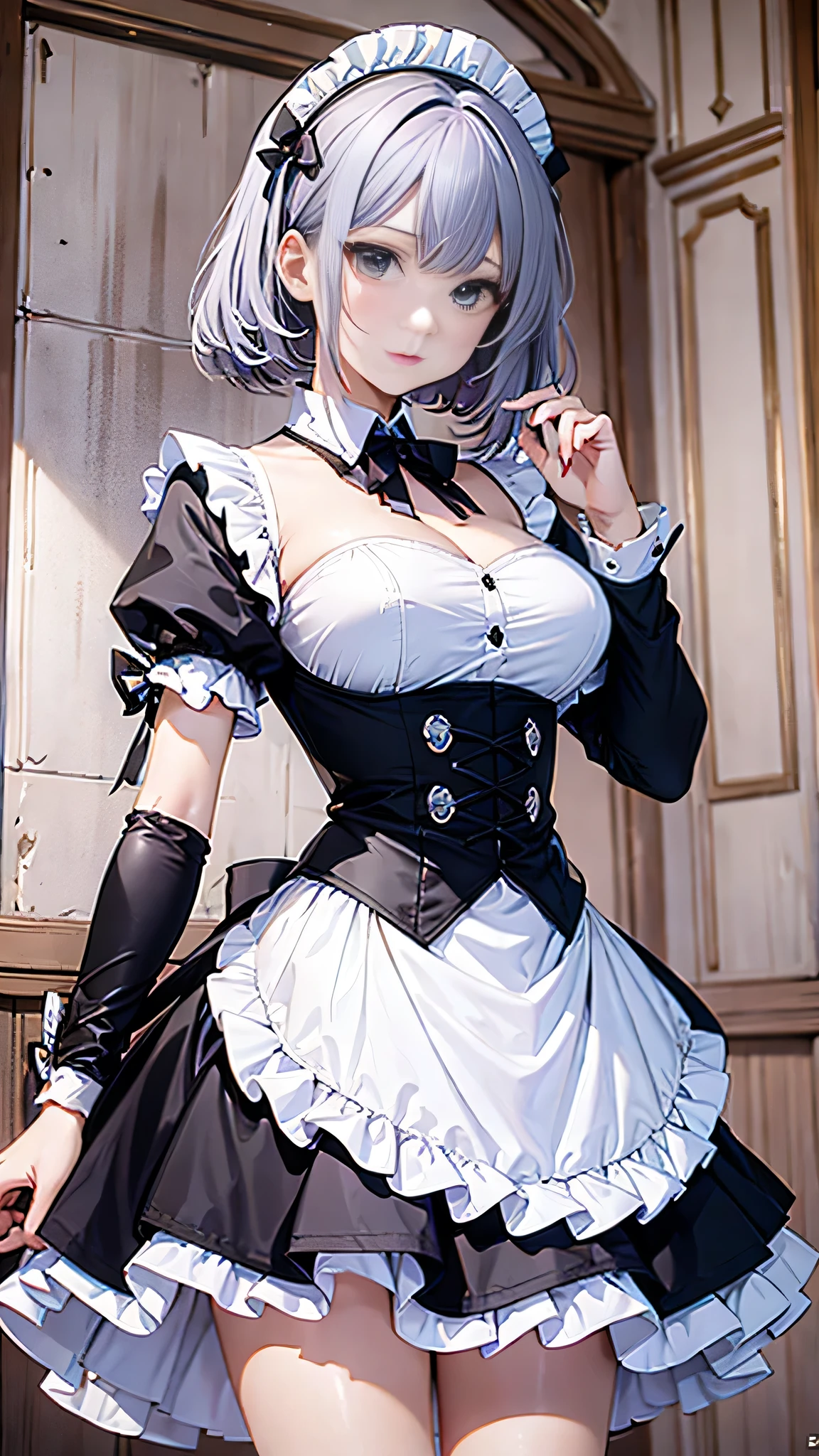 masterpiece, highest quality, figure, Fighting Pose, One girl, Noel Genshin Impact, Silver short hair, Green Eyes, Maid skirt with red side parts, Maid Knight, Maid Knight armor, City Bridge, water,