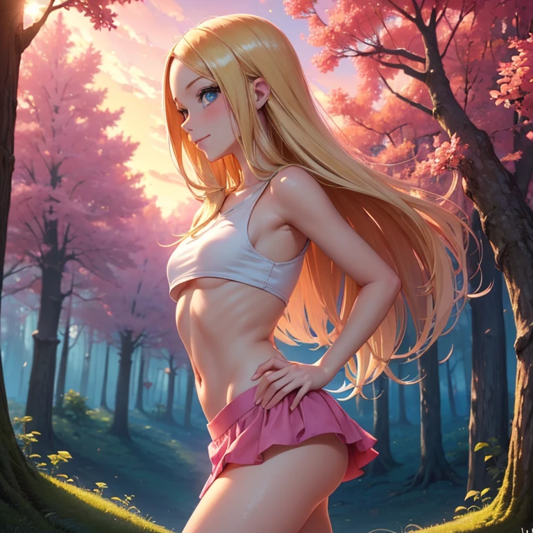 (masterpiece, best quality:1.4), (8K), Young blonde beauty, (((18 years old, neat girl))), detailed blue eyes, long eyelashes, blush, kind smile, upper body, crop top, underboob, small ass, slender thin legs, pink skirt, (from side), (looking at viewer), beautiful blonde hair, white-skinned, long hair, parted bangs, (small breasts), (mushroom forest, celestial forest, beautiful and magnificent pink sunshine, majestic sky), colorful natural light)