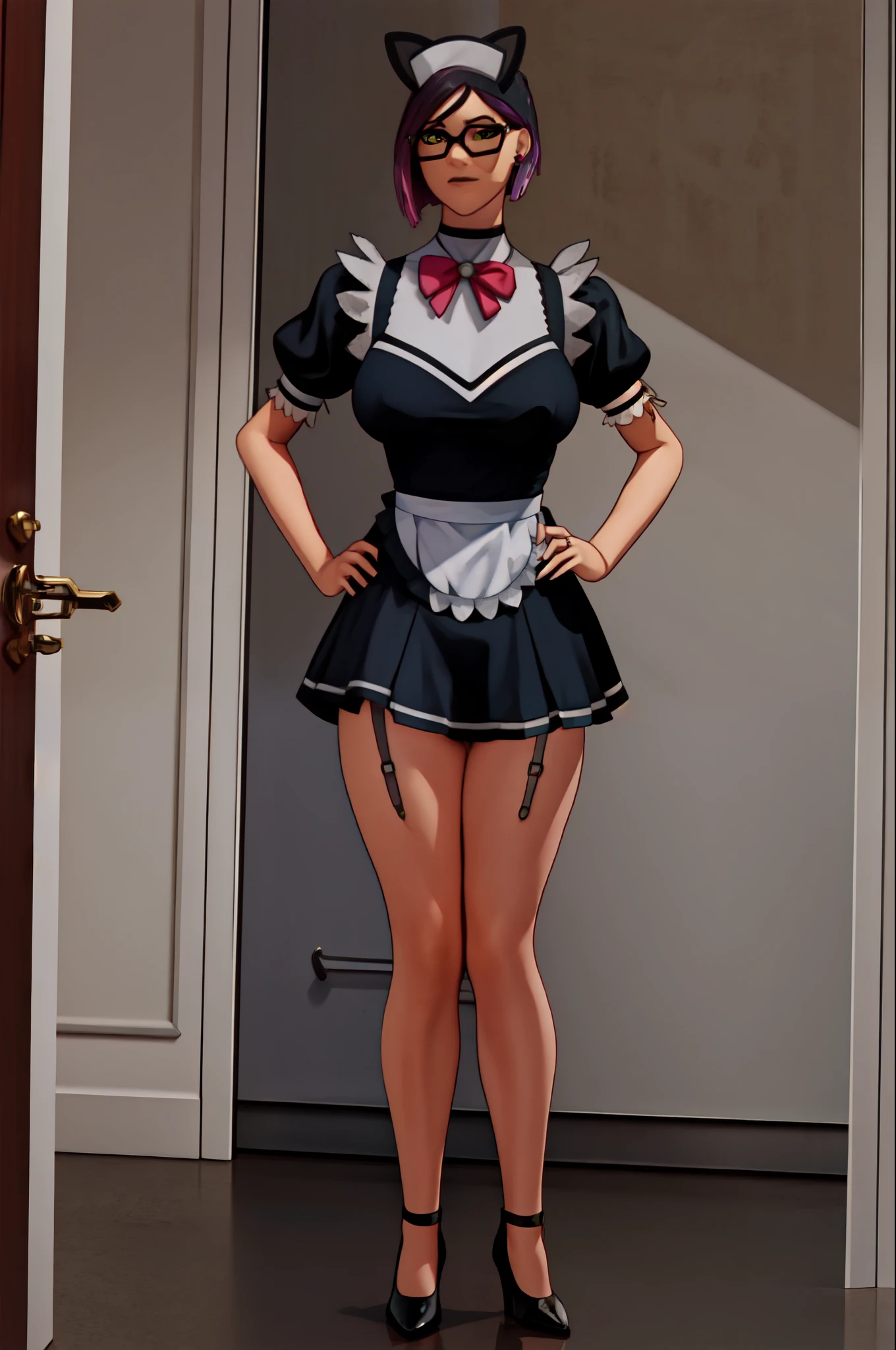 intricate details, 1girl, mature female, solo, standing, (legs apart:1.1), spread legs, hands on hips, full body,
looking at viewer, determined,
Pick hair, short hair, green eyes, glasses, earrings, jewelry,
maid, maid headdress, bowtie, maid apron, black shirt, puffy short sleeves, miniskirt, white thighhighs, garter straps, high heels,
(curvy:1.1), large breasts,
indoors, luxury room, window, mansion,