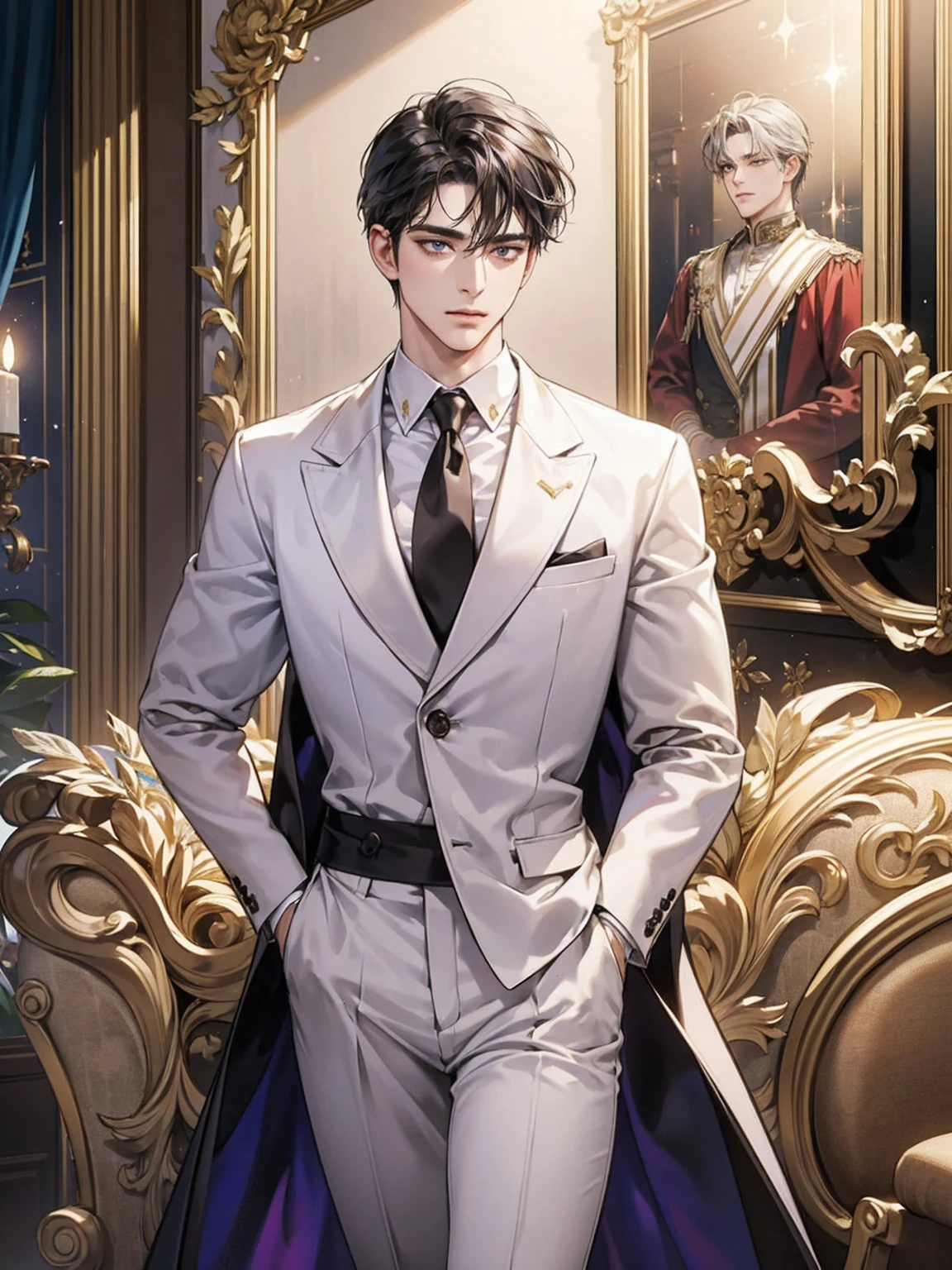 Intricate details, masterpiece, highest quality, Very detailed,Cinema Lighting, Beautiful sparkle, Beautifully detailed face and eyes, 8k, Dark intense shadows, Roman Emperor Constantine the Great resurrected in modern times。34 years old。one adult male。Long body。broad shoulder。thick neck。eyes like a lion。Bright and sharp eyes。Looking here。Sincere and kind。Kind and reliable。Deal with it sternly if necessary.。talented and hardworking businessman。successful gentleman。careerist。he is wearing a high quality white suit。dark purple tie。Light purple shirt。forceful。An overwhelming sense of control。romance novel hero。Bold composition。look up to。lyrical。Dramatic。heartful。Romantic。Travel situation。Exotic。opulent。elegan。elegance。Background of Constantine in Algeria reflected in the sunset。​masterpiece。top-quality。Super beautiful。The ultra -The high-definition。detaileds。exquisite。
