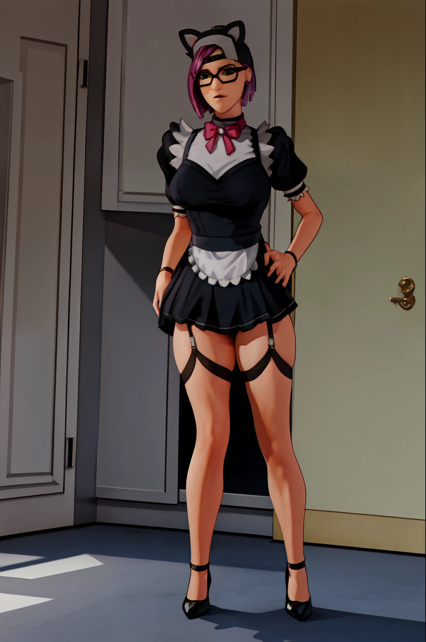  intricate details, 1girl, mature female, solo, standing, (:1.1), , hands on hips, full body,
looking at viewer, determined,
Pick hair, short hair, green eyes, glasses, earrings, jewelry, 
maid, maid headdress, bowtie, maid apron, black shirt, puffy short sleeves, , white thighhighs, garter straps, high heels,
(curvy:1.1), large breasts,
indoors, luxury room, window, mansion,
