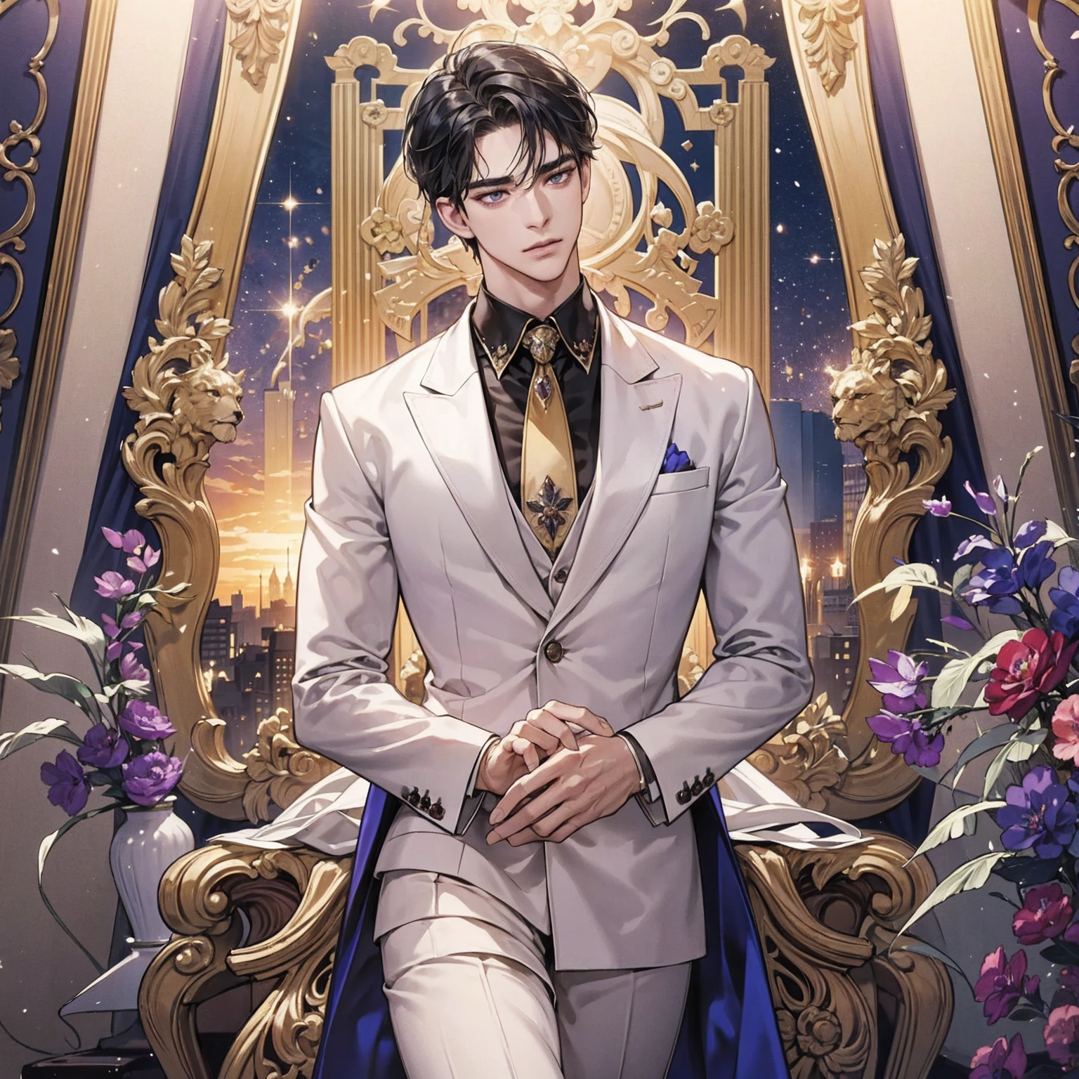 Intricate details, masterpiece, highest quality, Very detailed,Cinema Lighting, Beautiful sparkle, Beautifully detailed face and eyes, 8k, Dark intense shadows, Roman Emperor Constantine the Great resurrected in modern times。34 years old。one adult male。Long body。broad shoulder。thick neck。eyes like a lion。Bright and sharp eyes。Looking here。Sincere and kind。Kind and reliable。Deal with it sternly if necessary.。talented and hardworking businessman。successful gentleman。careerist。he is wearing a high quality white suit。dark purple tie。Light purple shirt。forceful。An overwhelming sense of control。romance novel hero。Bold composition。look up to。lyrical。Dramatic。heartful。Romantic。Travel situation。Exotic。opulent。elegan。elegance。Background of Constantine in Algeria reflected in the sunset。masterpiece。top-quality。Super beautiful。The ultra -The high-definition。detaileds。exquisite。