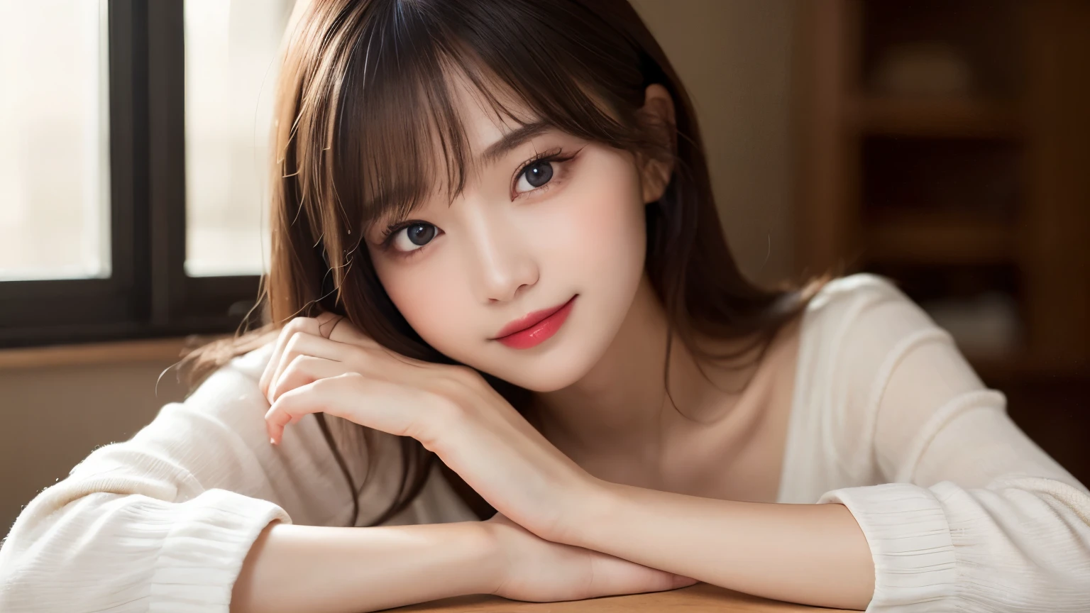 on the table, best quality, shape, Super detailed, Finely, high resolution, 8k wallpaper, 完璧なダイナミックな構shape, Beautiful and delicate eyes, Medium Length Hair, Small Breasts, Natural lipstick, Casual sexy pose,Smile,20 year old girl、midnight、Beautiful and detailed face、Perfect beautiful face,big eyes、original photo、Use the whole body to express female posture、Beautiful and delicate eyes、Small face、Beautiful duplex、Facelift and style,skirt、Beautiful golden ratio face,Long hair