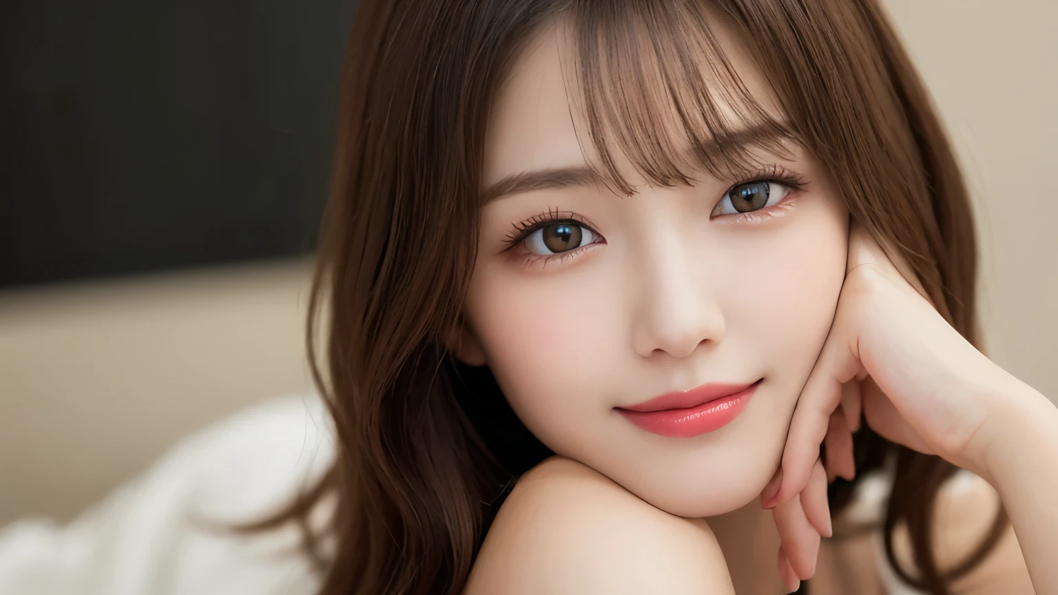 on the table, best quality, shape, Super detailed, Finely, high resolution, 8k wallpaper, 完璧なダイナミックな構shape, Beautiful and delicate eyes, Medium Length Hair, Small Breasts, Natural lipstick, Casual sexy pose,Smile,20 year old girl、midnight、Beautiful and detailed face、Perfect beautiful face,big eyes、original photo、Use the whole body to express female posture、Beautiful and delicate eyes、Small face、Beautiful duplex、Facelift and style,skirt、Beautiful golden ratio face,Long hair