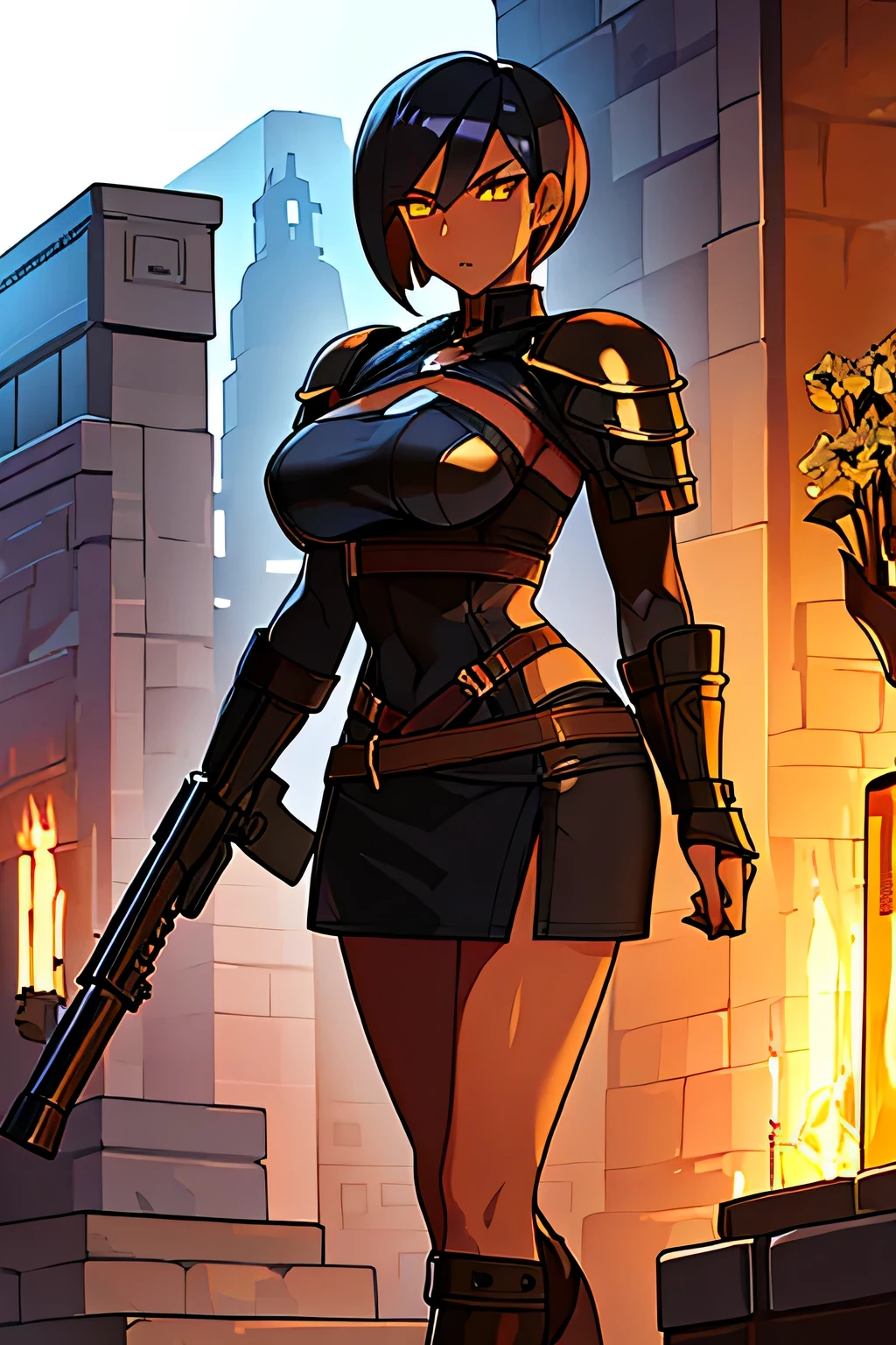 Tall, lightly muscular, woman, buzz haircut, gladiator, light leather body armor, black hard leather skirt, holding a Springfield wooden Rifle, black skin, dark skin, black, yellow cat eyes