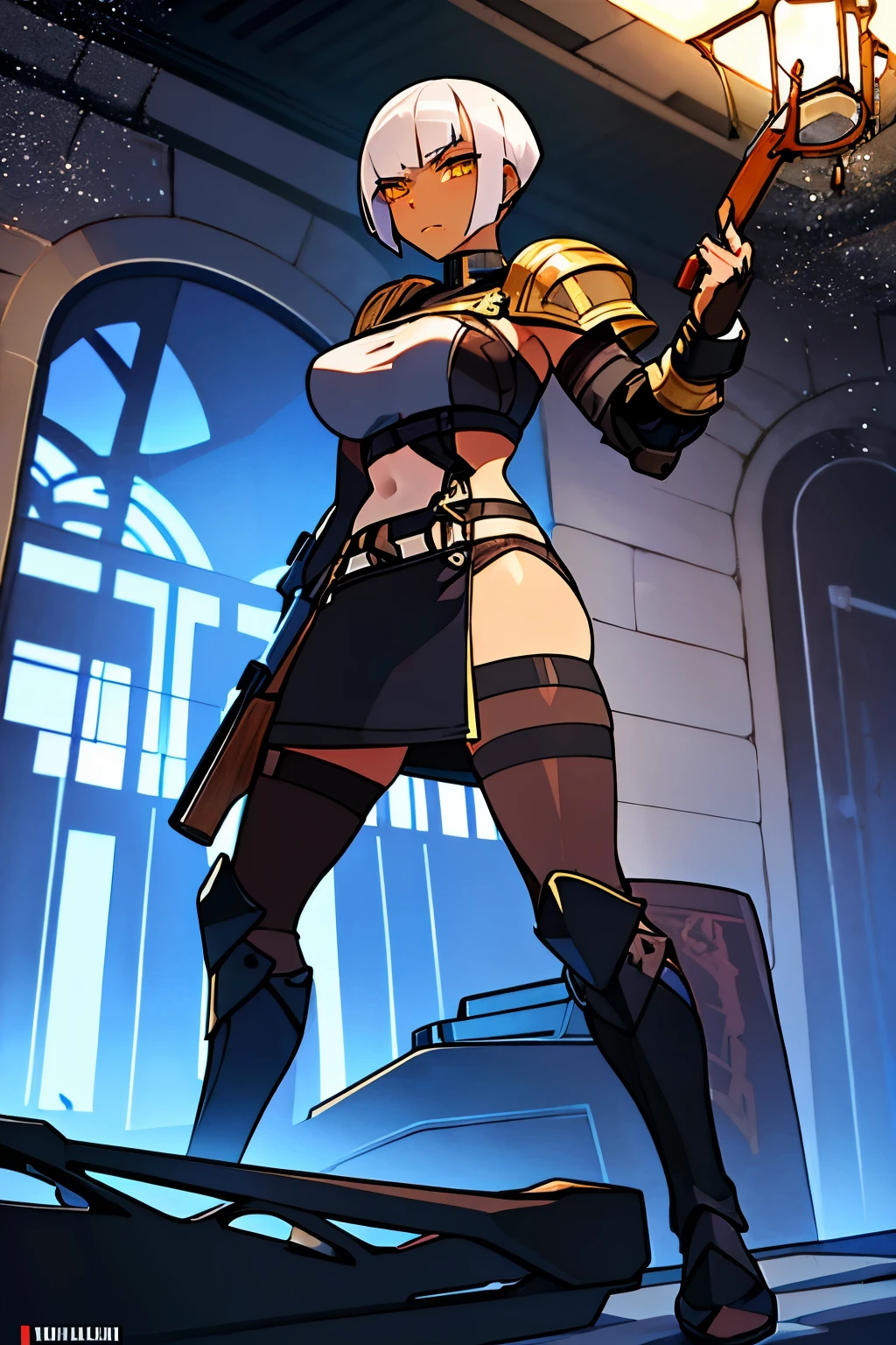 Tall, lightly muscular, woman, buzz haircut, gladiator, light leather body armor, black hard leather skirt, holding a Springfield wooden Rifle, black skin, dark skin, black, yellow cat eyes