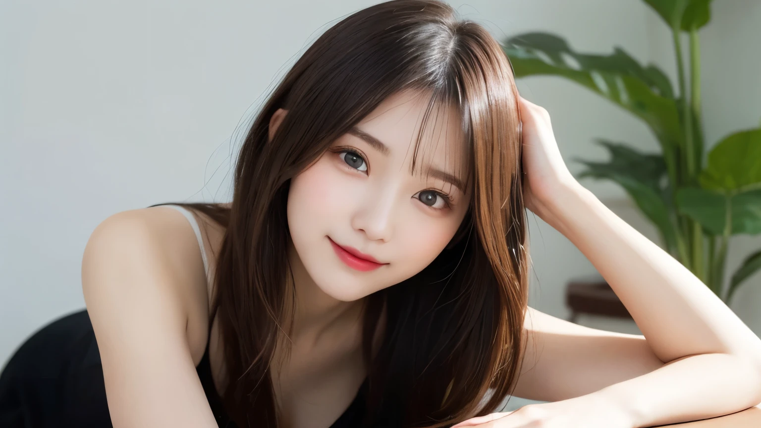 on the table, best quality, shape, Super detailed, Finely, high resolution, 8k wallpaper, 完璧なダイナミックな構shape, Beautiful and delicate eyes, Medium Length Hair, Small Breasts, Natural lipstick, Casual sexy pose,Smile,20 year old girl、midnight、Beautiful and detailed face、Perfect beautiful face,big eyes、original photo、Use the whole body to express female posture、Beautiful and delicate eyes、Small face、Beautiful duplex、Facelift and style,skirt、Beautiful golden ratio face,Long hair