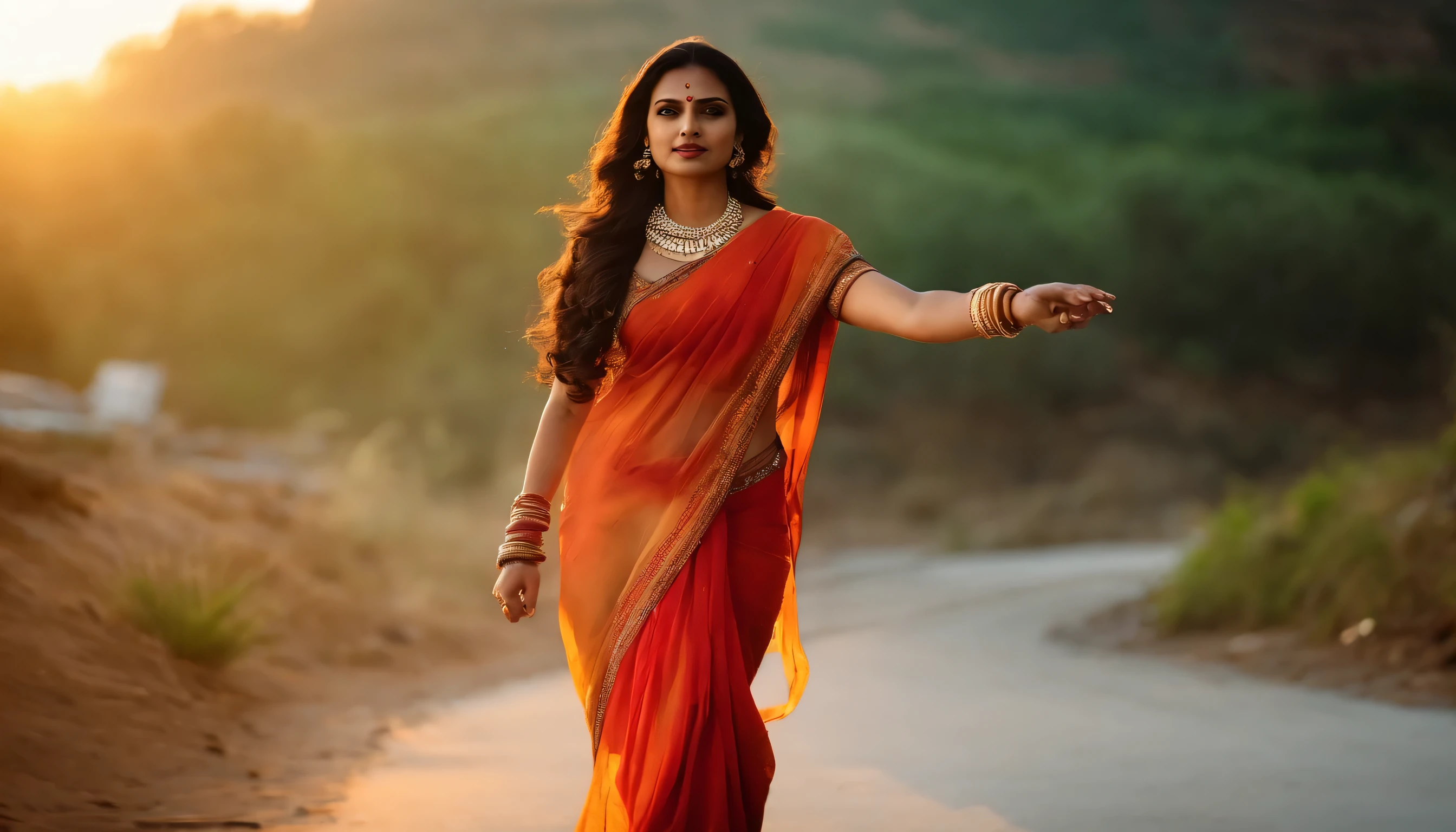 Shakti..Energy,..Indian Bharatiya Women... Fiery and Cool.. In Full Action.. In Modern times. With India Illuminated in the backdrop. Dressed in Traditional Indian Saree..Flowing and glowing in morning sunrise. futurism . No extra limbs