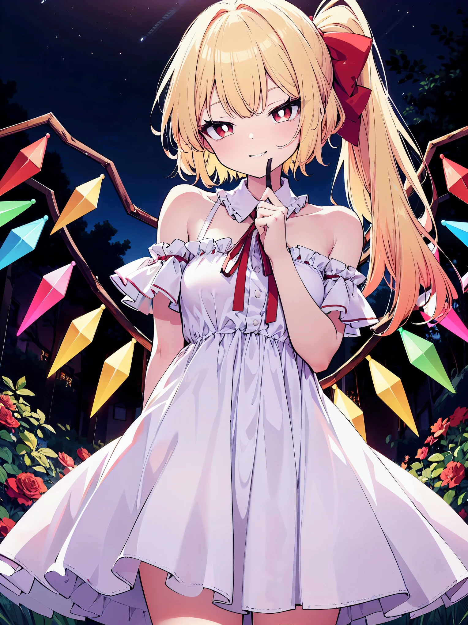 (cowboy shot), (colorful:1.1), vibrant color, (ultra-high resolution, depth of field:1.2), (Flandre scarlet:1.1), (1woman), (adult), in her 20s, Touhou project, (medium breasts:1.1), (red eyes), white pupils, glowing eyes, (blonde hair), (forehead), ponytail, (bangs), red ribbon, (intricate white sundress), (wearing white a sundress:1.2), frills, off shoulders, seductive smile, (grinning), squinting eyes, head slightly tilting to the side, garden scenery, night
