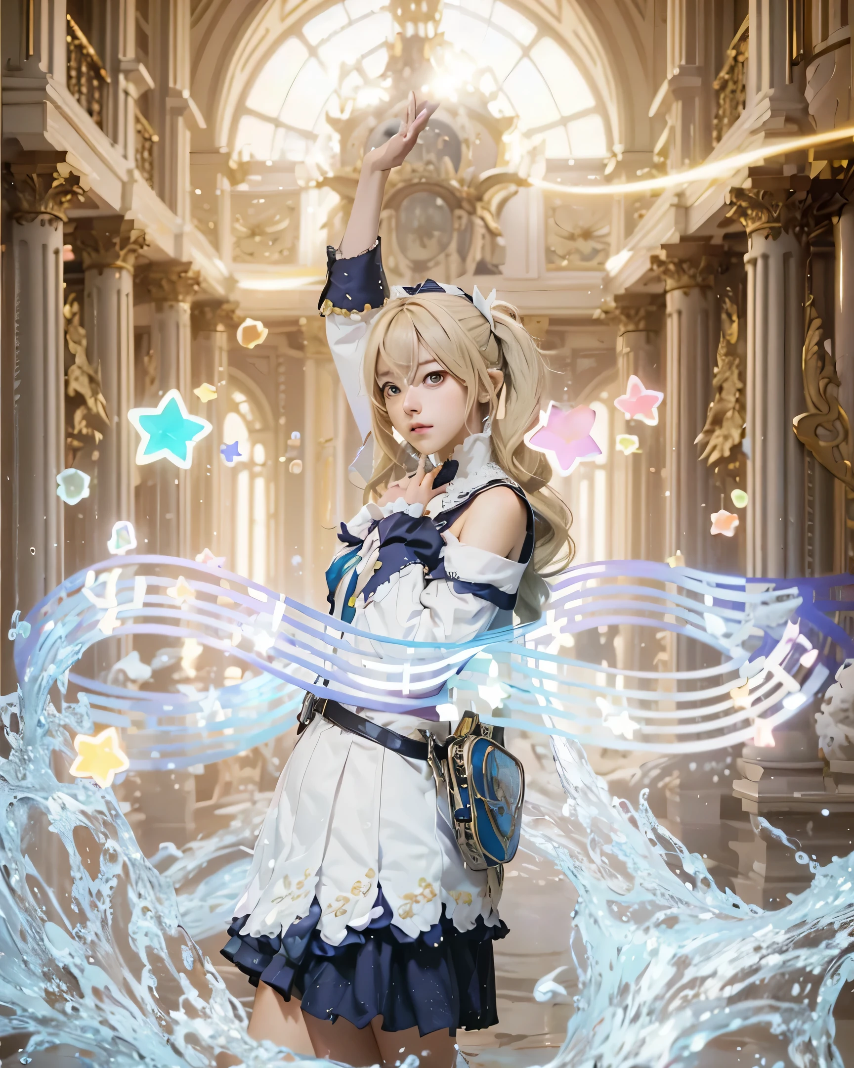 (BARBARA_GENSHIN IMPACT),((realistic, photorealistic)),(highlight hair)), Light reflection, (( HD )),((upper body)), (((best quality, masterpiece))), (masterpiece) (best quality) (detail) (8k) (HDR) (wallpaper) (cinematic lighting) (sharp focuasterpiece, best quality: 1.1), Real life adaption of this character, Asian teen beauty face, Shining Purple eyes, realistic outfit, realistic shadow, realistic light, realism, hyper realistic, realistic background,(photorealistic:1.2), 1girls,Background of the game genshin impact is afiliasi,Waves of notes circled around his body, the backdrop of a luxurious palace room,Yellow wavy hair, twin tails,water splash, Line light,Raise hands,blinks,