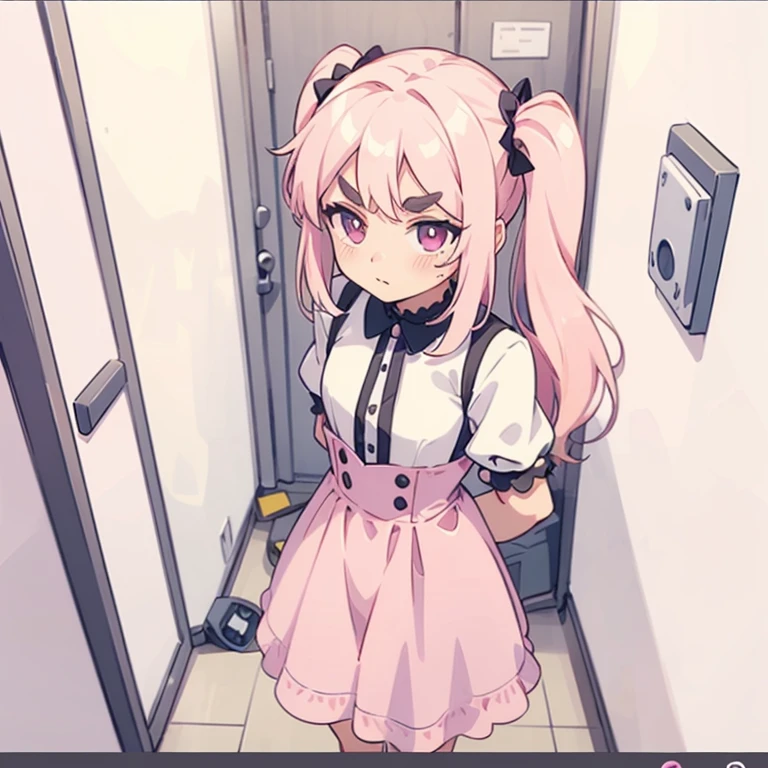 Girls with pink hair, long double-tailed hairstyle, ((small pink bushy eyebrows)), dressed in lolita clothes, marked vagina, lolicon (Zankuro) drawing style by zankuro artist, Zancro style, image uploaded to R34, changing of clothes in a room, looking away, not looking at the camera (hidden camera recording it, security camera filter recording it)