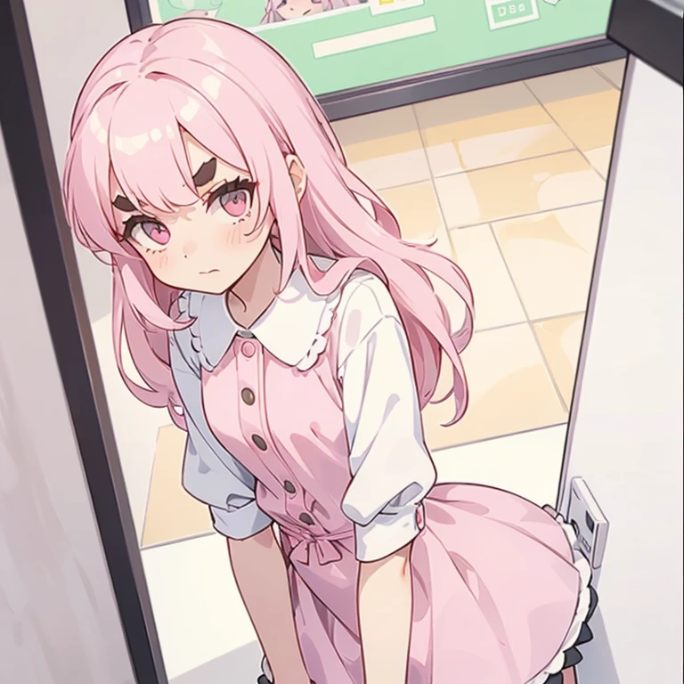 Girls with pink hair, long double-tailed hairstyle, ((small pink bushy eyebrows)), dressed in lolita clothes, marked vagina, lolicon (Zankuro) drawing style by zankuro artist, Zancro style, image uploaded to R34, changing of clothes in a room, looking away, not looking at the camera (hidden camera recording it, security camera filter recording it)
