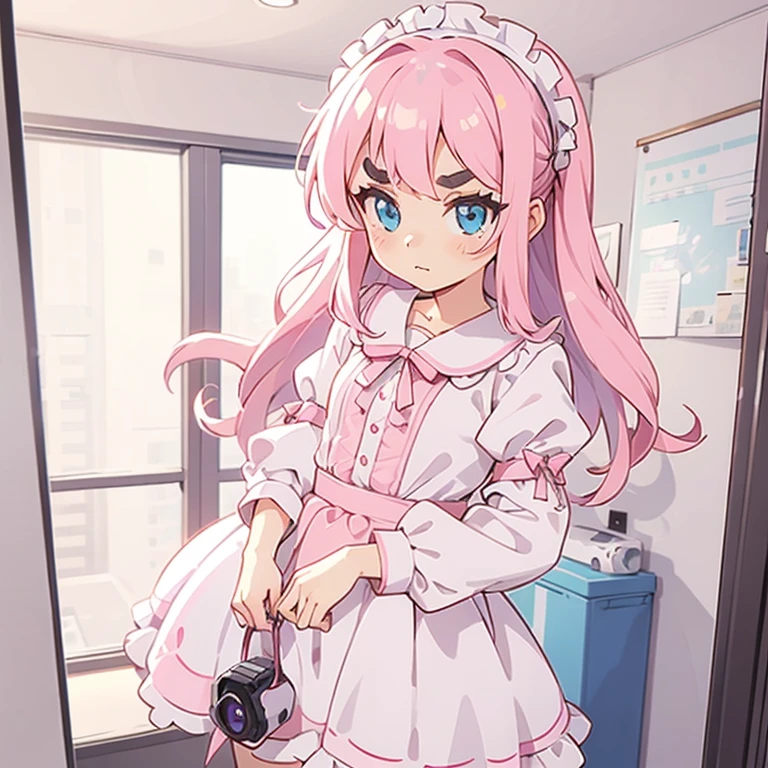 Girls with pink hair, long double-tailed hairstyle, ((small pink bushy eyebrows)), dressed in ta clothes, marked vagina, loli(Zankuro) drawing style by zankuro artist, Zancro style, image uploaded to R34, changing of clothes in a room, looking away, not looking at the camera (hidden camera recording it, security camera filter recording it)