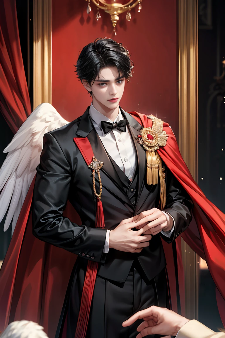 masterpiece, 最high quality, high quality, 1 boy, alone, Male focus, Watching the audience, Messy black hair, Adorable big blue eyes, White, Noble, Noble, Beautiful angel、Tuxedo、A tall stand-up collar, very big, very big, very big, long, long, reaching down to the floor, a long, long red and black cape made with a lot of fabric, 17 years old,Cute beautiful boys,Cute, cute, kind, handsome guy
