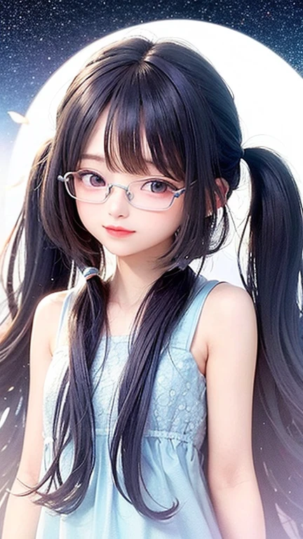 Glasses、(highest quality, masterpiece), One girl, Twin tails、Pause, particle, Wind, flower, Upper Body, Simple Background, View your viewers, , Milky Way,smile、Turquoise eyes、（Silver Long Hair）、cute、Twin taililky way、Crescent Moon