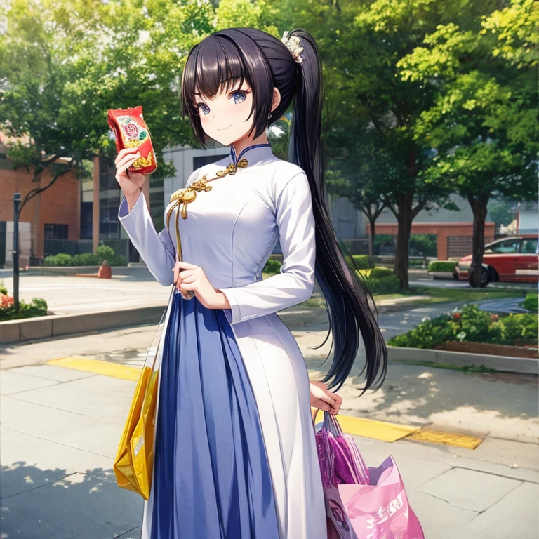 A high school girl wearing an ao dai buying snacks Tight Ao Dai
