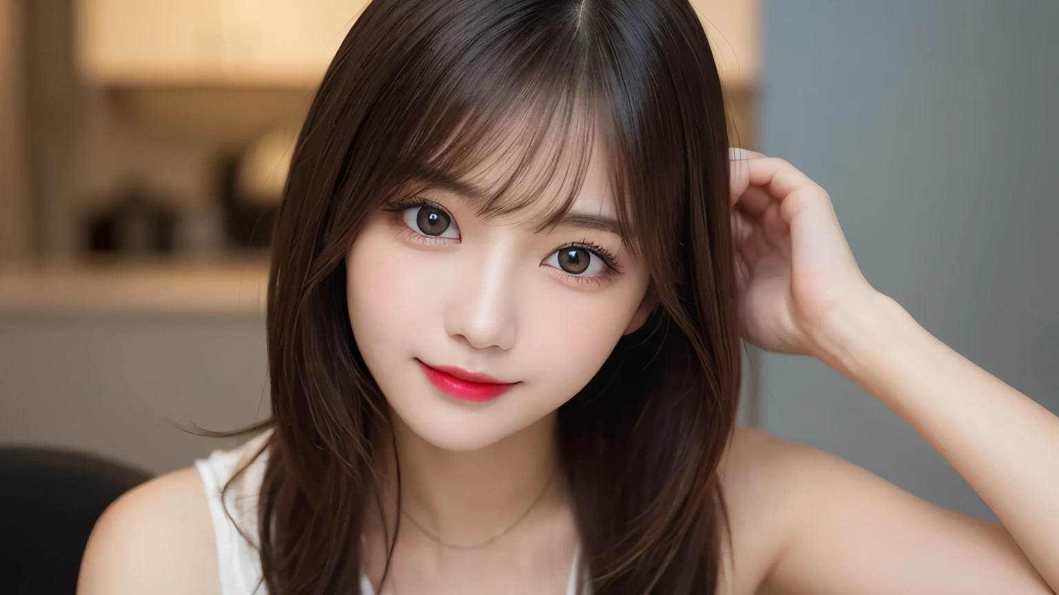 on the table, best quality, shape, Super detailed, Finely, high resolution, 8k wallpaper, 完璧なダイナミックな構shape, Beautiful and delicate eyes, Medium Length Hair, Small Breasts, Natural lipstick, Casual sexy pose,Smile,20 year old girl、midnight、Beautiful and detailed face、Perfect beautiful face,big eyes、original photo、Use the whole body to express female posture、Beautiful and delicate eyes、Small face、Beautiful duplex、Facelift and style,skirt、Beautiful golden ratio face,Long hair