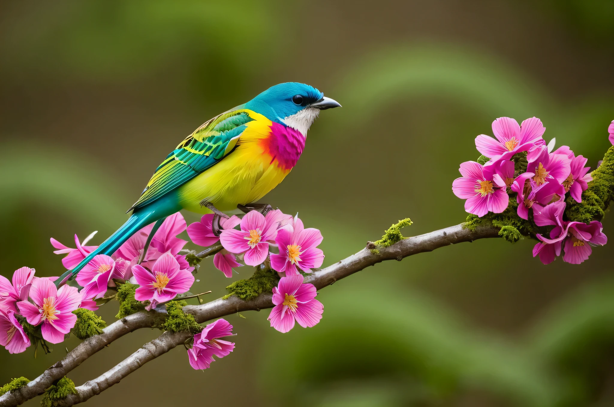 brightly colored bird perched on a branch in a field of flowers, colorful bird with a long, perched on a mossy branch, colorful birds, beautiful and colorful, colorful hd picure, colorful plumage, rich colourful, details and vivid colors, beautiful nature, beautiful colorful, beautiful and graceful, beautiful photo, high quality nature photography, very beautiful photo, colorful contrast