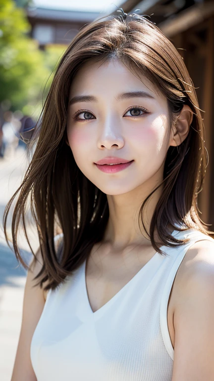 With the alleys of Kyoto in the background、18-year-old girl、independent、look forward to、Light eye makeup、Brown Hair Color、flat 、Hair blowing in the wind、Quality of actress、Shiny, Ultra-realistic faces、smile、Watery eye、look up、Subtle lighting effects、 Ultra-Realistic Capture、Very detailed、High resolution 16k human skin closeup。Skin texture must be natural、The details must be clear enough to identify pores..、skin is healthy、There must be a unified tone、Use natural light and color、High quality photos taken by modeling agencies'Exclusive photographer、smile