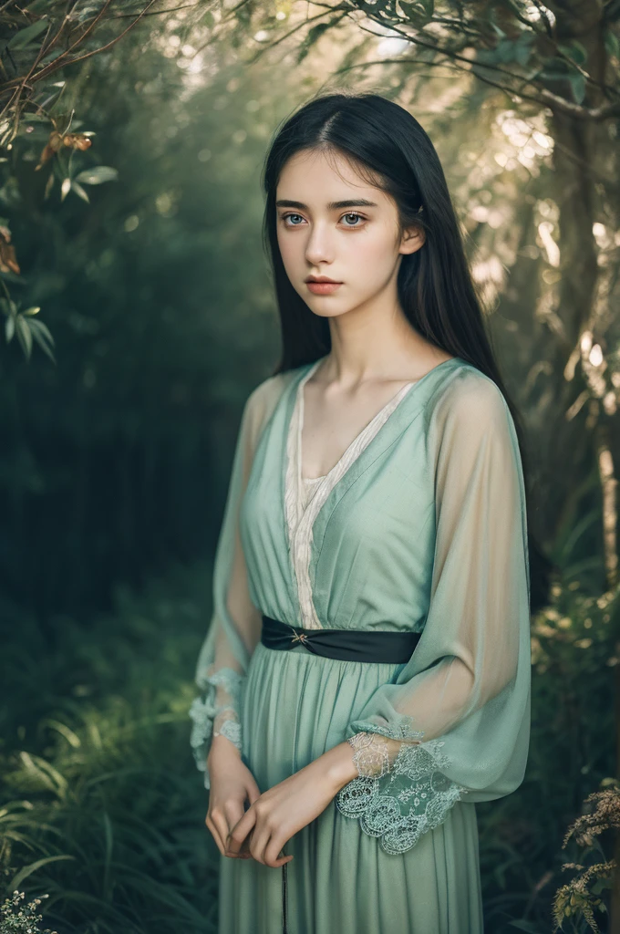 ( masterpiece, top quality, best quality,8k,17 years old girl,ultra detailed,raw photo:1.5),(photorealistic:1.4), (cinematic lighting), PerfectNwsjMajic, , Surrealism, UHD, ccurate, Super detail, textured skin, High detail, Best quality, dynamic angle, White skin,[Beautiful blue eyes], high nose,[flat chest:large breasts:0.5],(1girl),(good anatomy:0.5)), Dreamy atmosphere, Dark,expressive brush strokes, mystical ambiance, Artistic interpretation, Stunning Studio Ghibli style costumes, a whimsical illustration, Subtle colors and tones, mystical aura,straight face,outside