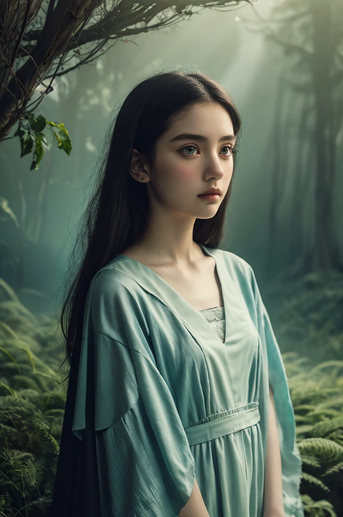 ( masterpiece, top quality, best quality,8k, girl,ultra detailed,raw photo:1.5),(photorealistic:1.4), (cinematic lighting), PerfectNwsjMajic, , Surrealism, UHD, ccurate, Super detail, textured skin, High detail, Best quality, dynamic angle, White skin,[Beautiful blue eyes], high nose,[flat chest:large breasts:0.5],(1girl),(good anatomy:0.5)), Dreamy atmosphere, Dark,expressive brush strokes, mystical ambiance, Artistic interpretation, Stunning Studio Ghibli style costumes, a whimsical illustration, Subtle colors and tones, mystical aura, 