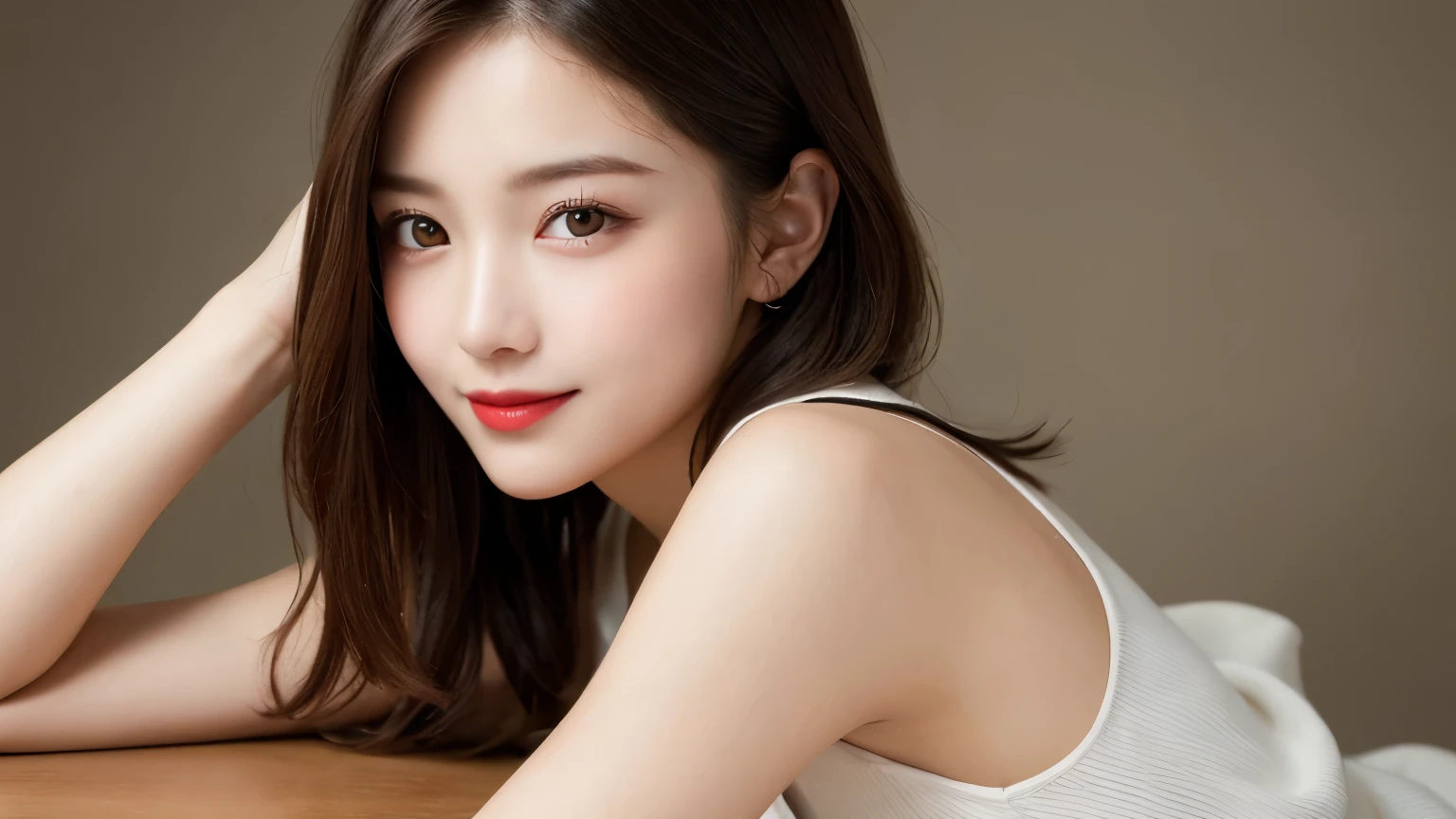 on the table, best quality, shape, Super detailed, Finely, high resolution, 8k wallpaper, 完璧なダイナミックな構shape, Beautiful and delicate eyes, Medium Length Hair, Small Breasts, Natural lipstick, Casual sexy pose,Smile,20 year old girl、midnight、Beautiful and detailed face、Perfect beautiful face,big eyes、original photo、Use the whole body to express female posture、Beautiful and delicate eyes、Small face、Beautiful duplex、Facelift and style,skirt、Beautiful golden ratio face,Long hair