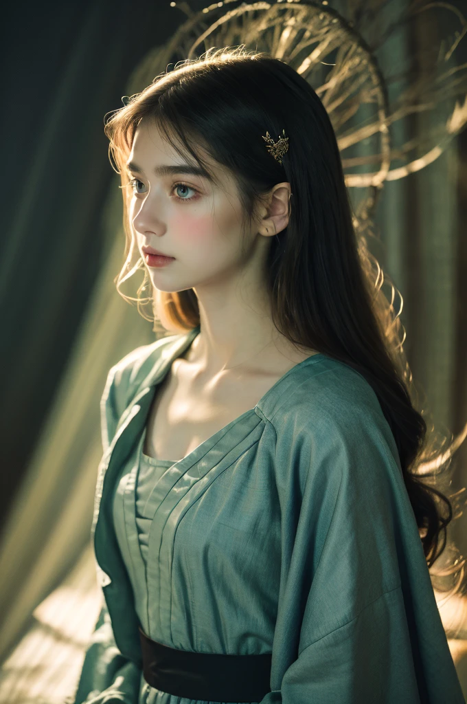 ( masterpiece, top quality, best quality,8k,17 years old girl,ultra detailed,raw photo:1.5),(photorealistic:1.4), (cinematic lighting), PerfectNwsjMajic, , Surrealism, UHD, ccurate, Super detail, textured skin, High detail, Best quality, dynamic angle, White skin,[Beautiful blue eyes], high nose,[flat chest:large breasts:0.5],(1girl),(good anatomy:0.5)), Dreamy atmosphere, Dark,expressive brush strokes, mystical ambiance, Artistic interpretation, Stunning Studio Ghibli style costumes, a whimsical illustration, Subtle colors and tones, mystical aura,straight face,outside